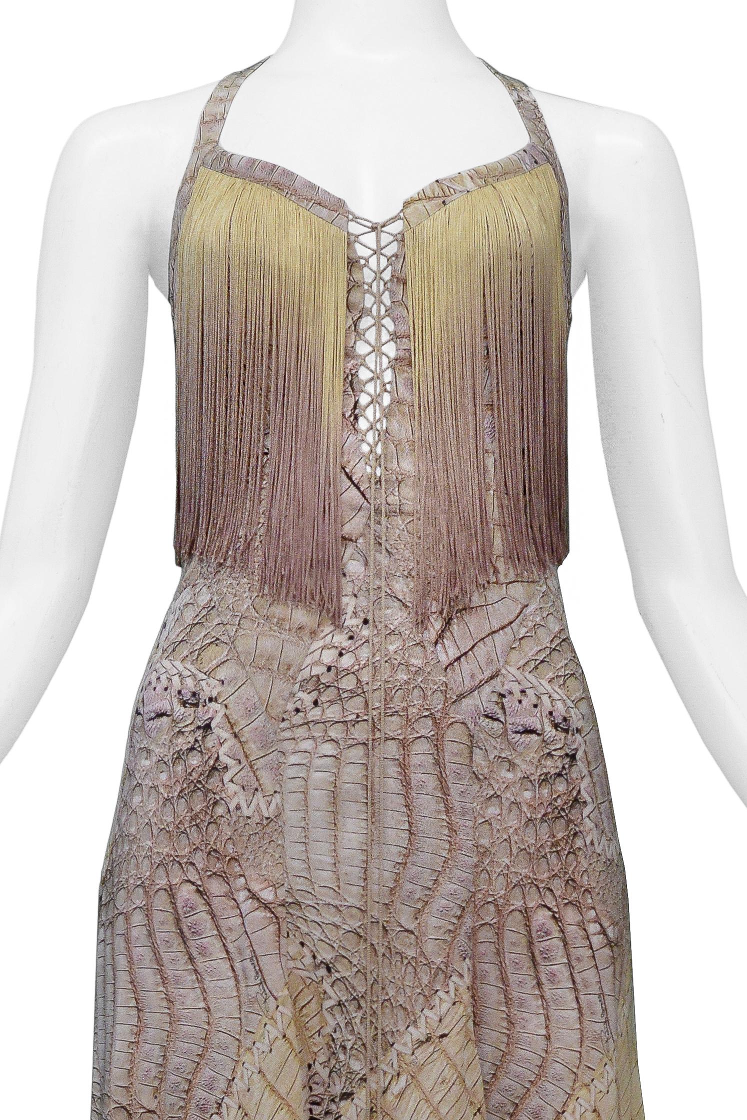 Roberto Cavalli Vestido halter con estampado de serpiente y flecos ombre Marrón en venta