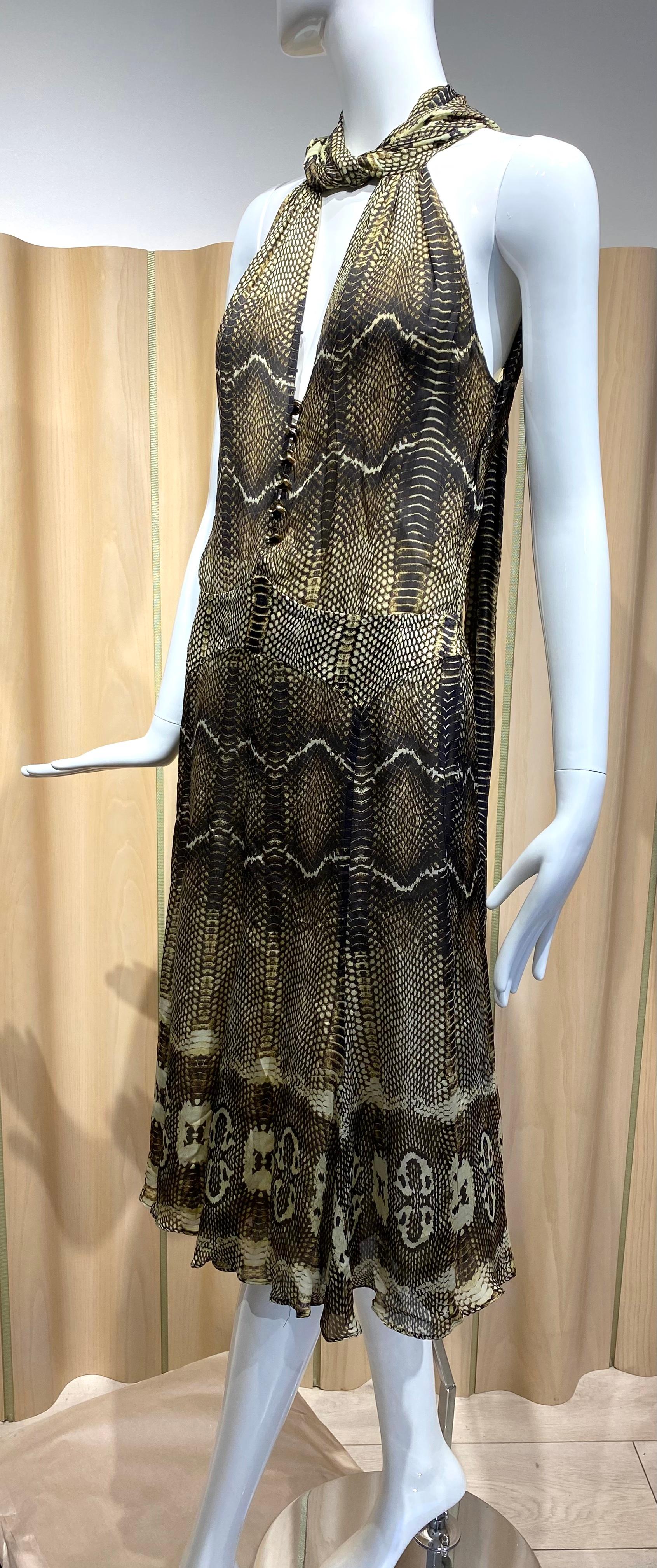 Roberto Cavalli Snake Skin Print Silk Chiffon Cocktail Dress For Sale 1