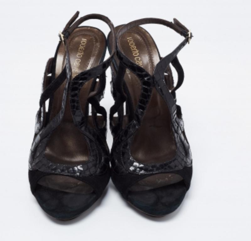 Roberto Cavalli Snakeskin Embossed Leather & Suede Ankle Strap Sandals Size 39.5 For Sale 2