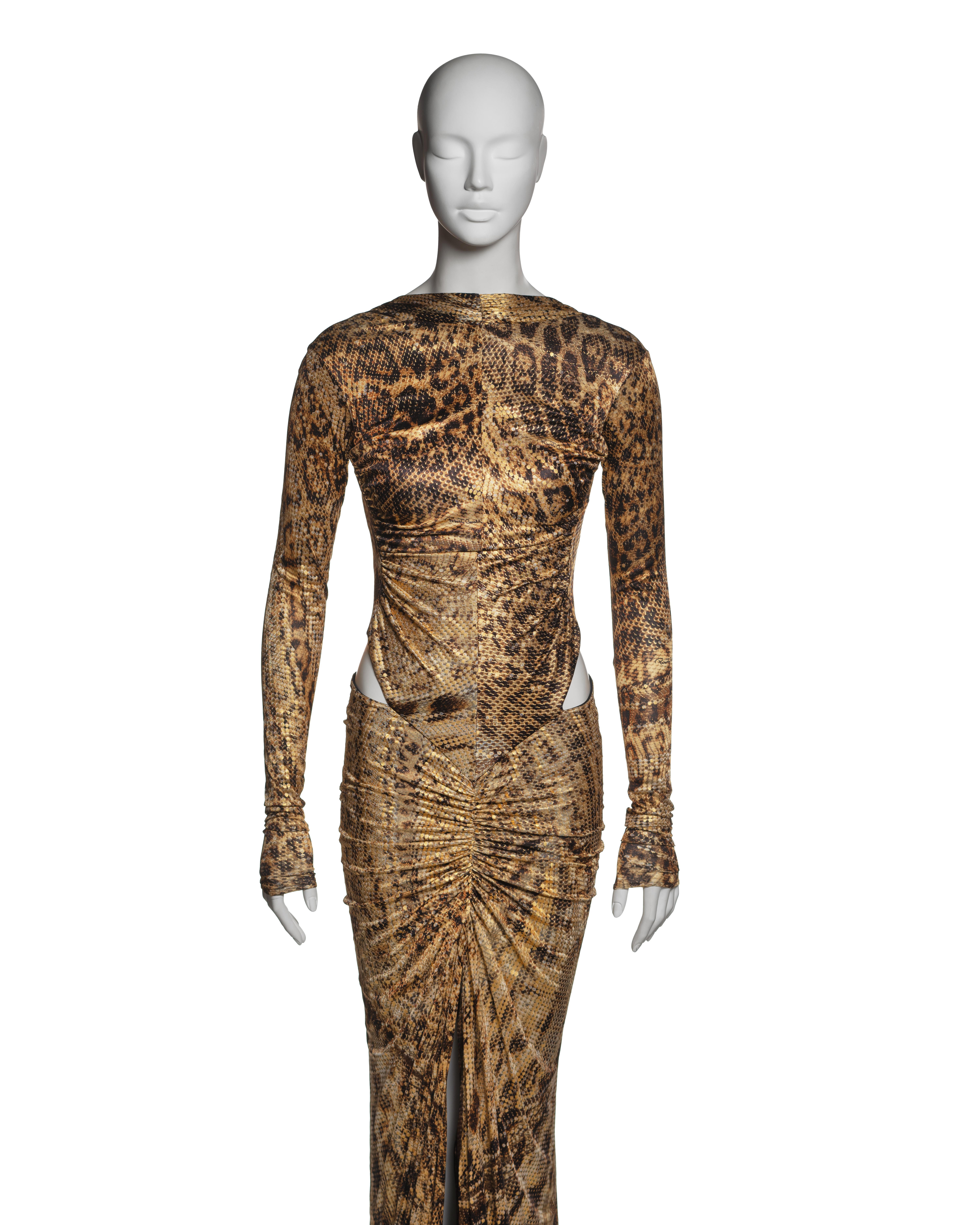 Brown Roberto Cavalli Animal Print Cutout Evening Dress with Gold Foil Finish, FW 2003