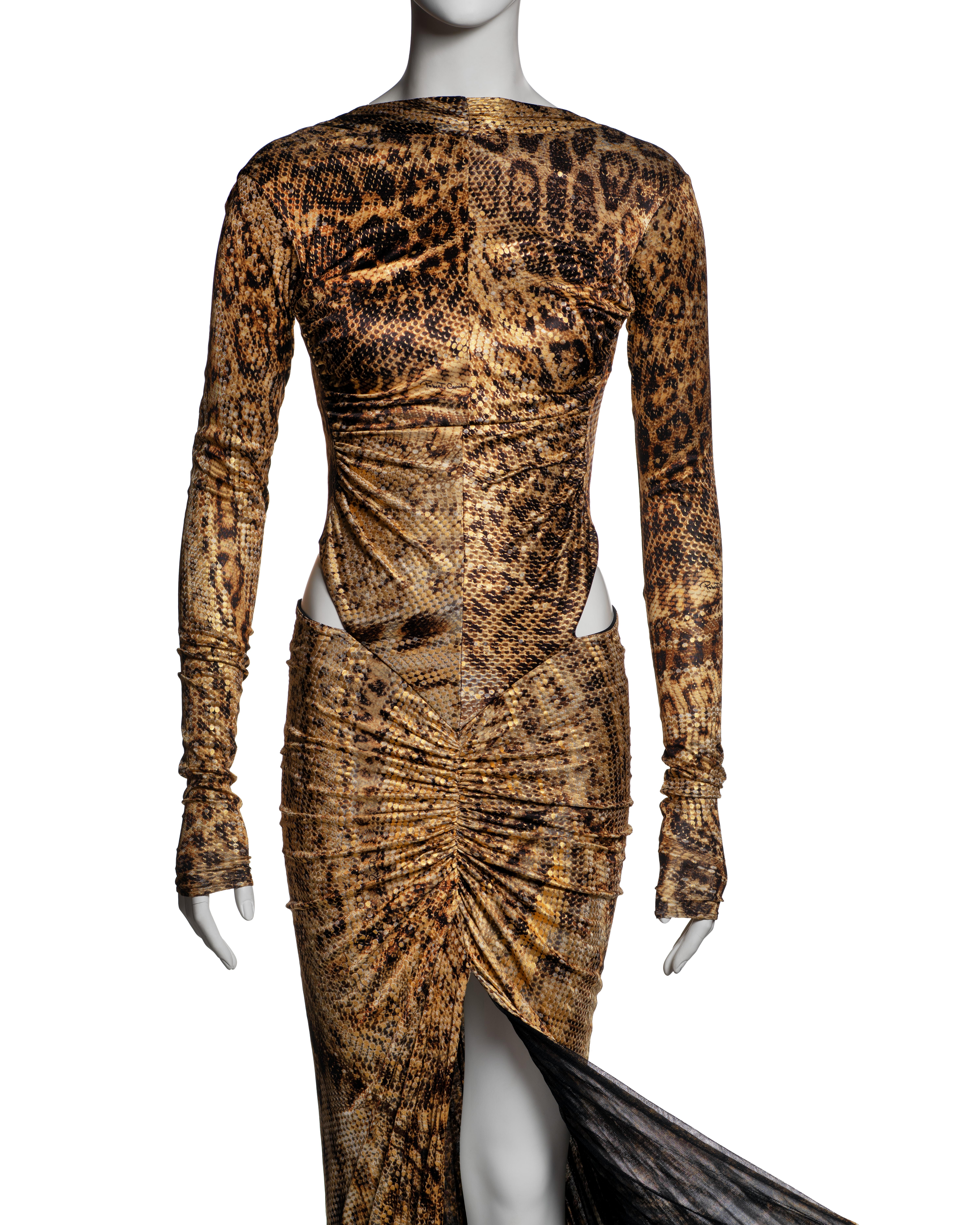 Roberto Cavalli Animal Print Cutout Evening Dress with Gold Foil Finish, FW 2003 In Excellent Condition In London, GB