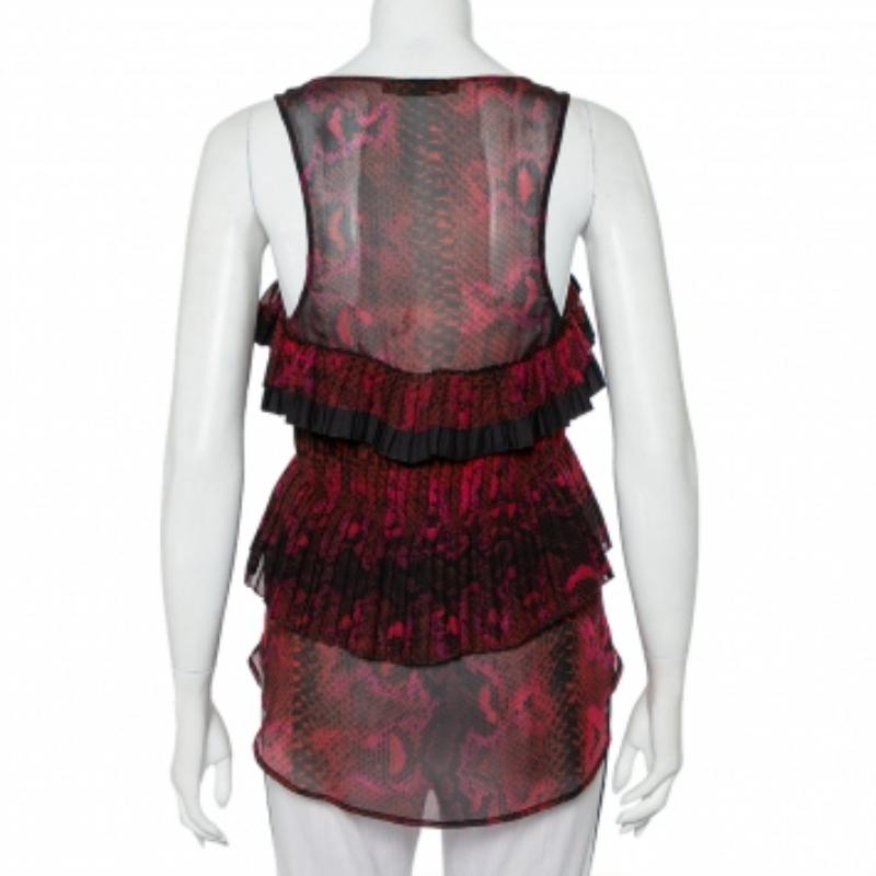 Women's Roberto Cavalli Snakeskin Printed Silk Pleated Detail Sleeveless Top S For Sale