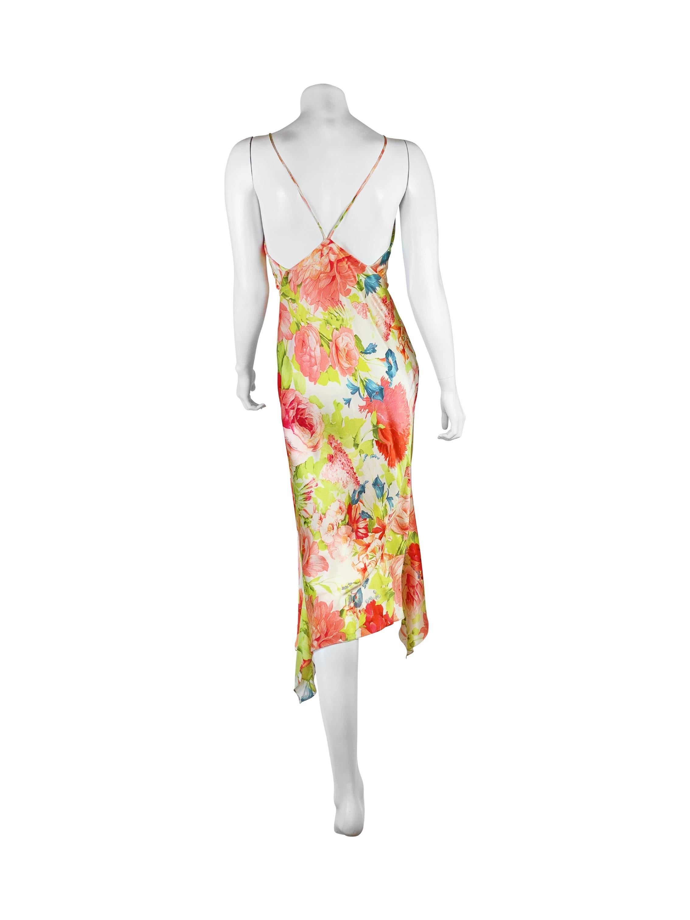 Beige Roberto Cavalli Spring 2000 Floral Silk Dress