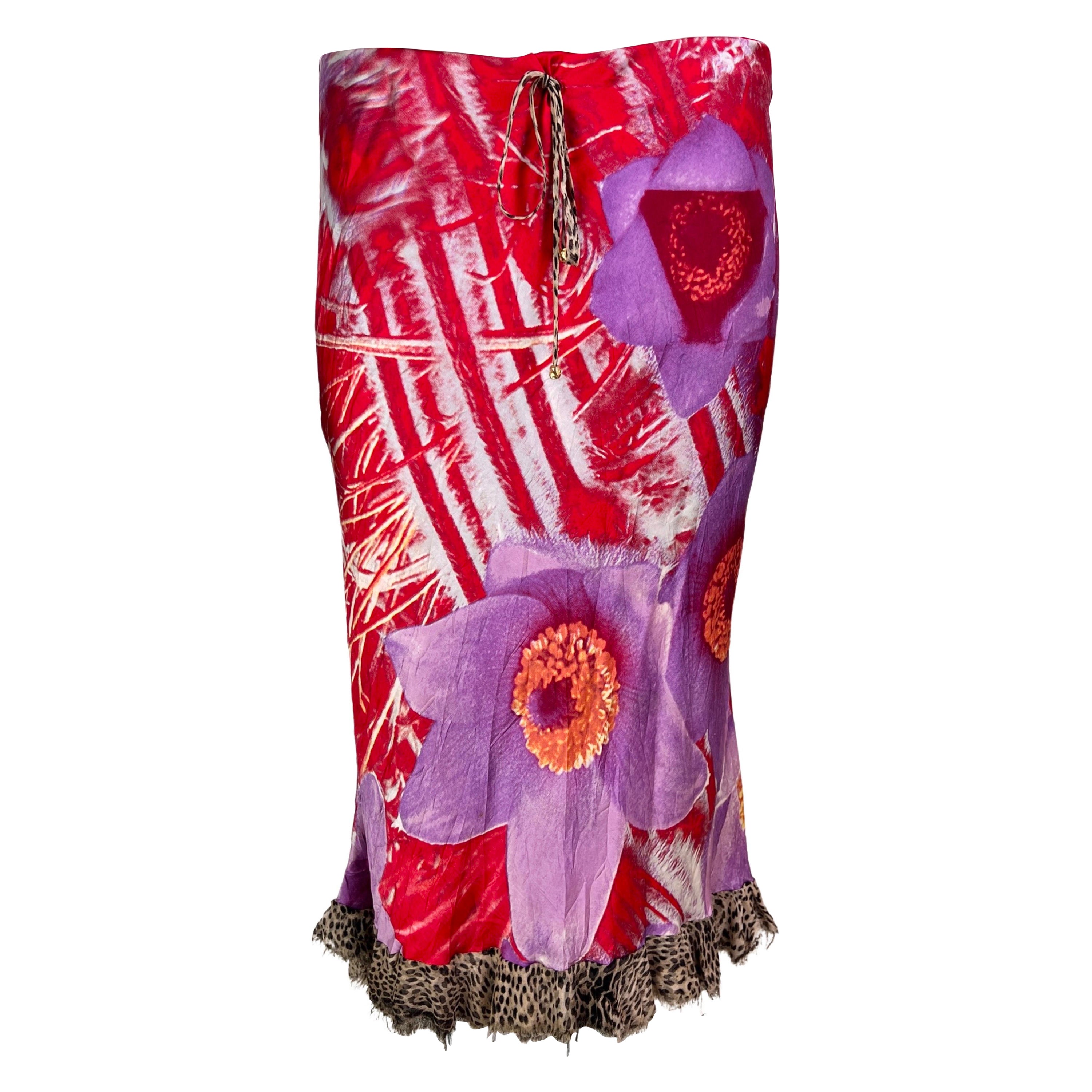 Roberto Cavalli Spring 2000 Flower Print Silk Skirt