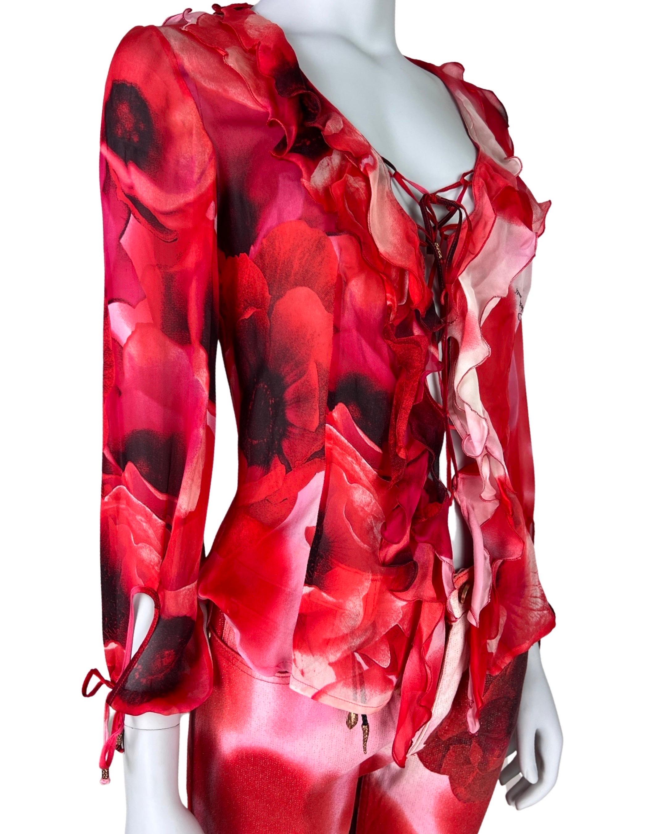 Roberto Cavalli Spring 2002 Poppy Print Blouse and Jeans Set For Sale 5