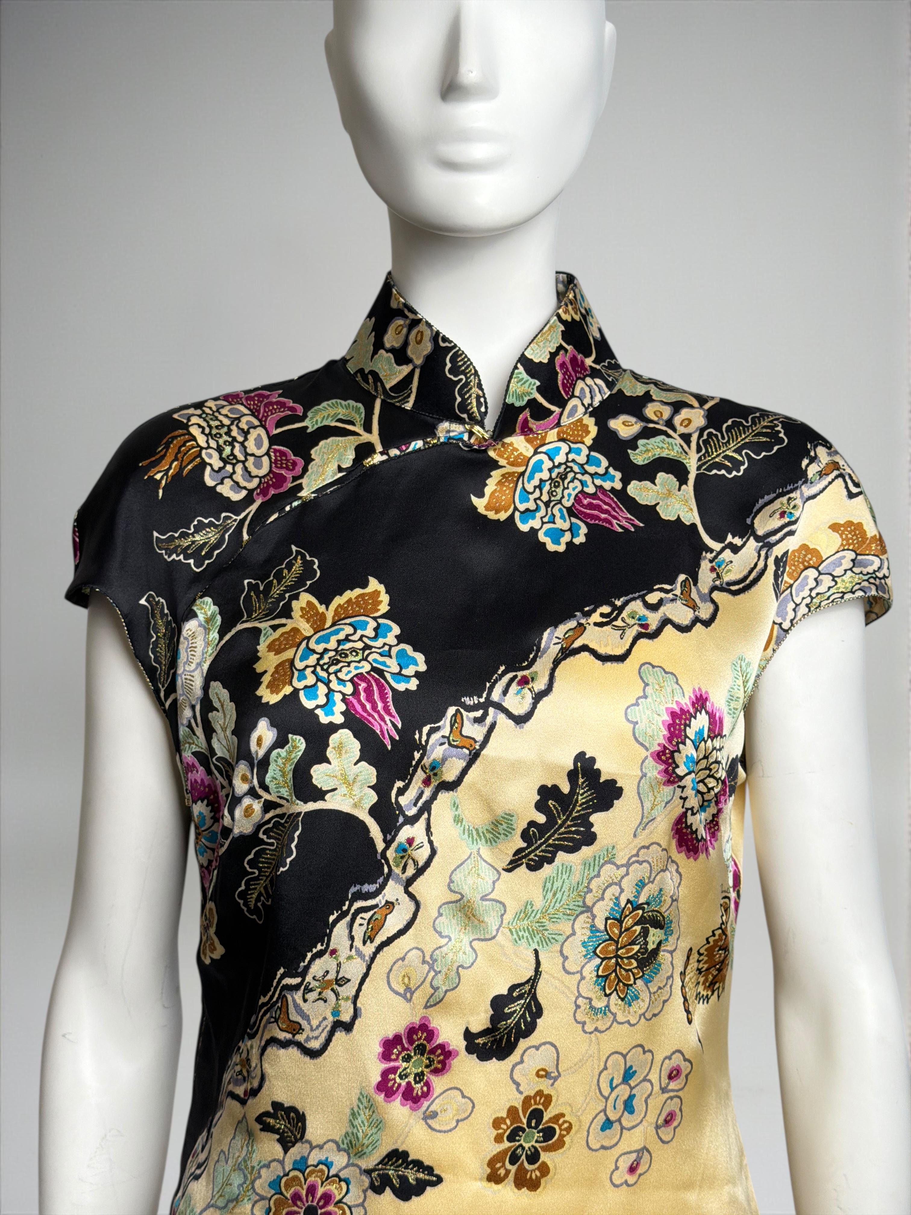 Roberto Cavalli Spring 2003 Chinoiserie Cheongsam soie jaune Mini robe Pour femmes en vente