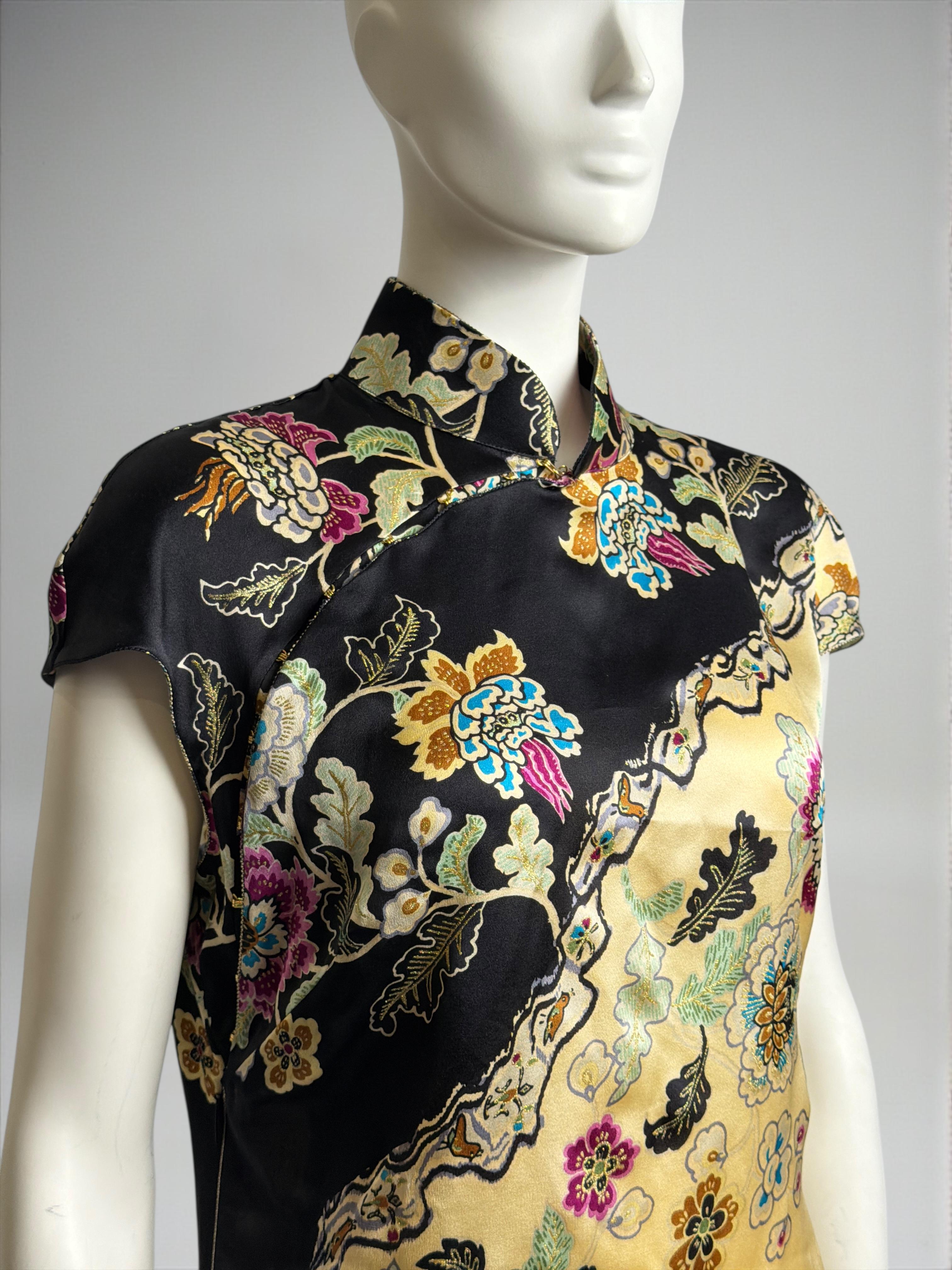 Roberto Cavalli Spring 2003 Chinoiserie Cheongsam soie jaune Mini robe en vente 1