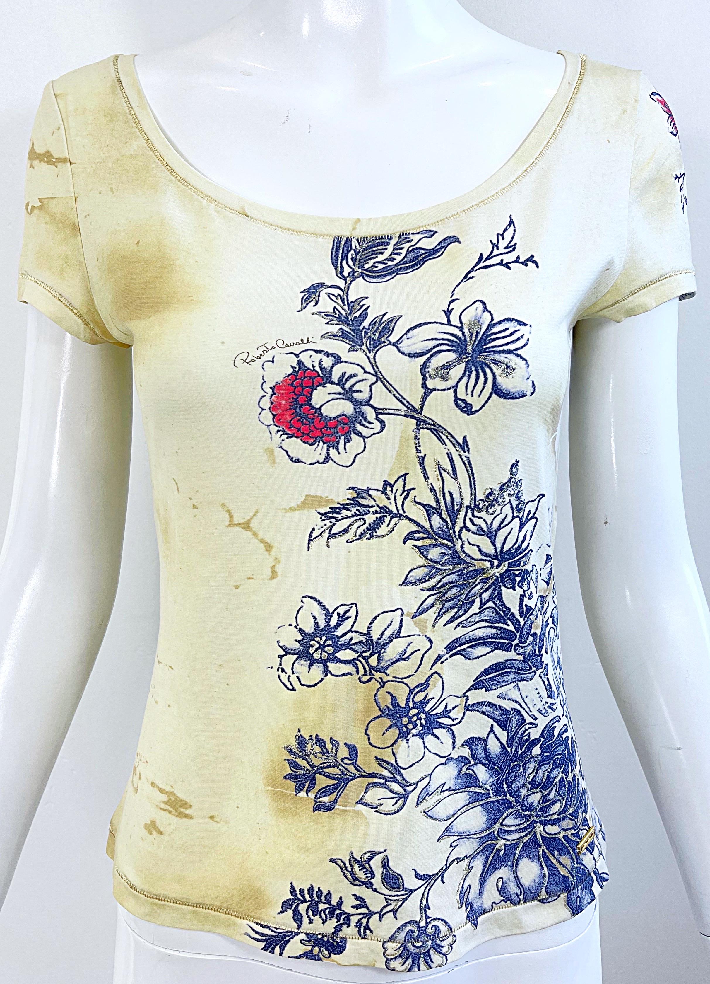 Roberto Cavalli Camiseta Primavera 2003 Estampado Tatuaje Flor de Dragón Vintage Y2K en venta 7