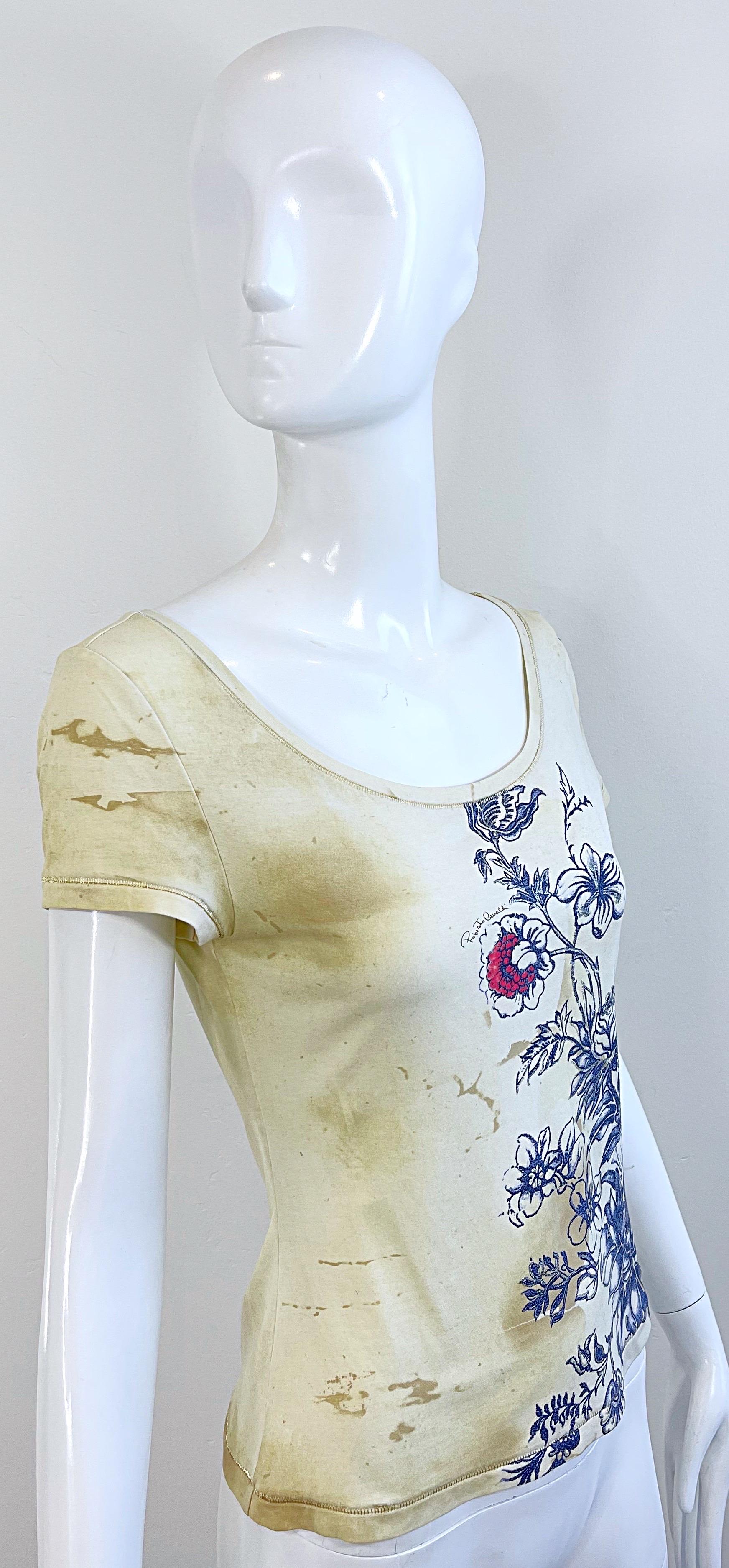 Roberto Cavalli Camiseta Primavera 2003 Estampado Tatuaje Flor de Dragón Vintage Y2K en venta 9