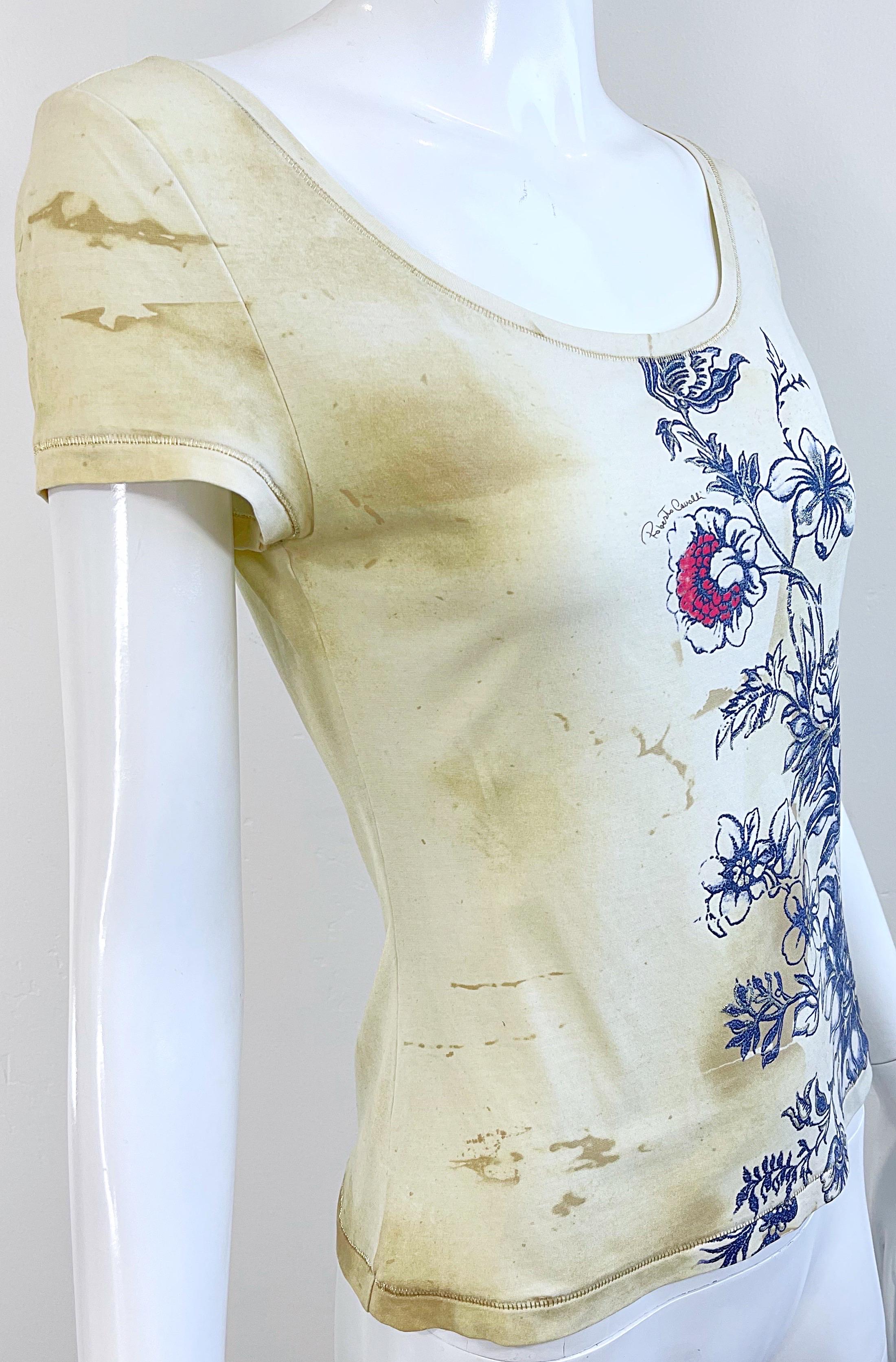 Roberto Cavalli Camiseta Primavera 2003 Estampado Tatuaje Flor de Dragón Vintage Y2K en venta 11