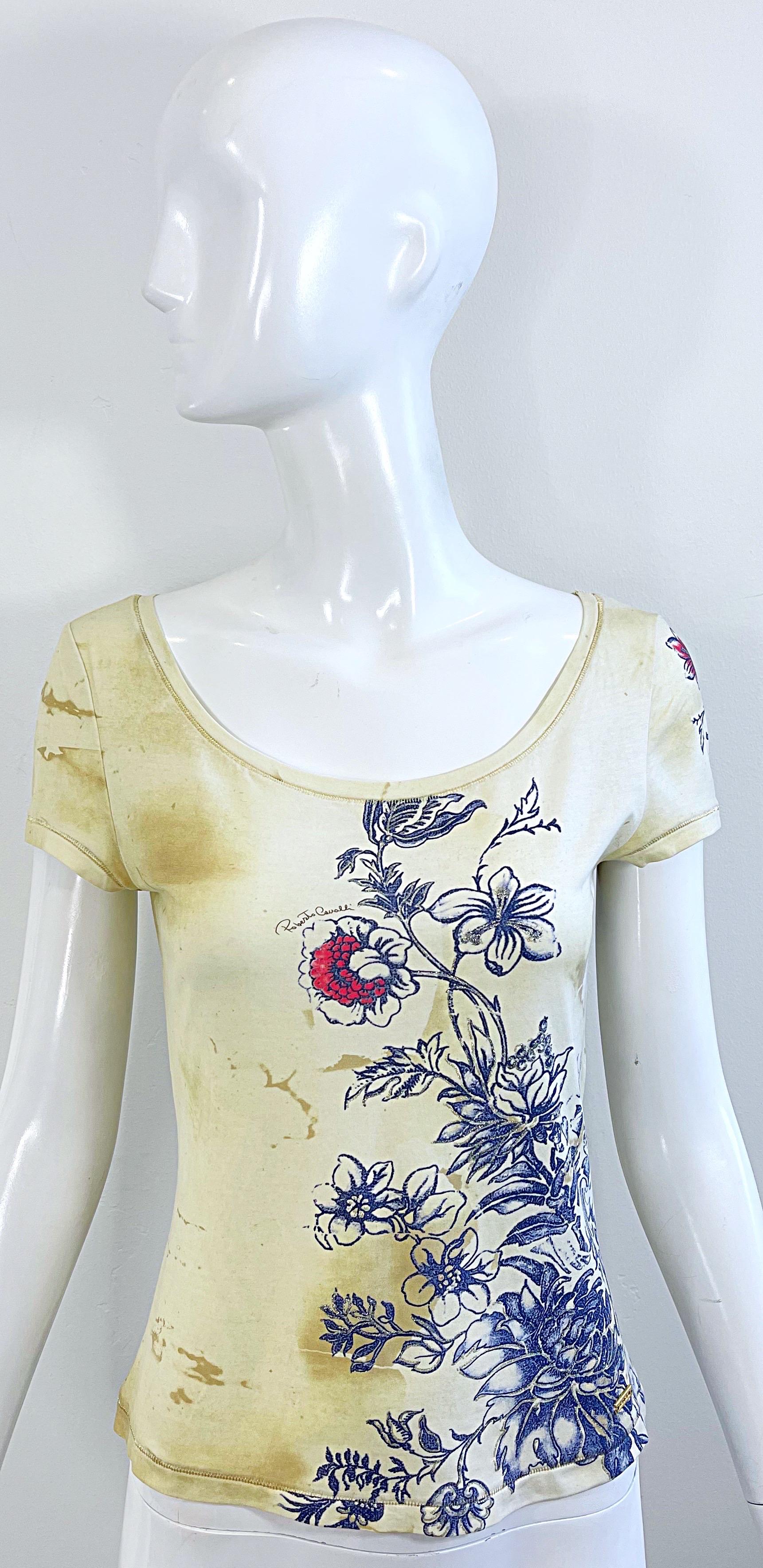 Roberto Cavalli Camiseta Primavera 2003 Estampado Tatuaje Flor de Dragón Vintage Y2K en venta 14