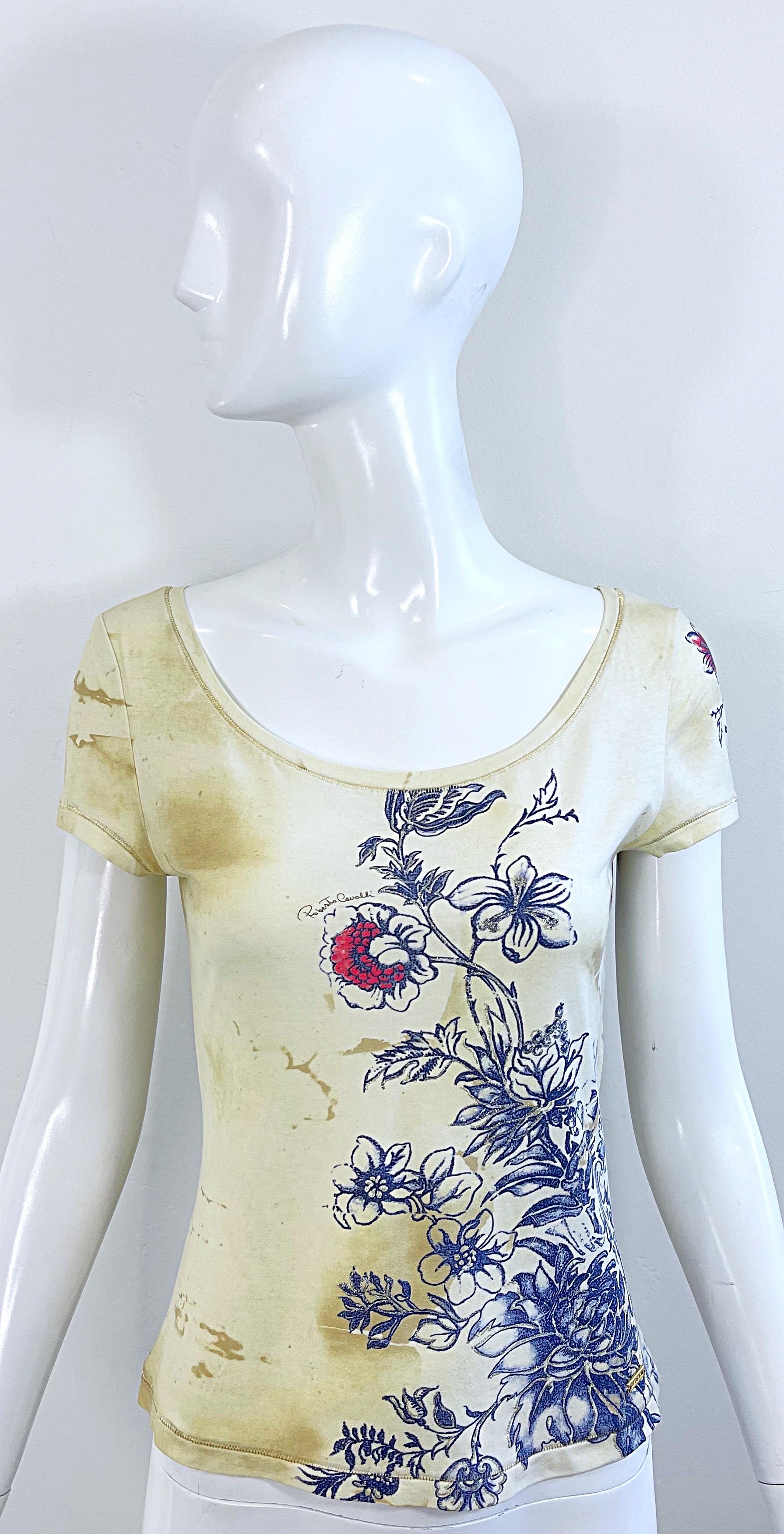 Roberto Cavalli Camiseta Primavera 2003 Estampado Tatuaje Flor de Dragón Vintage Y2K Gris en venta