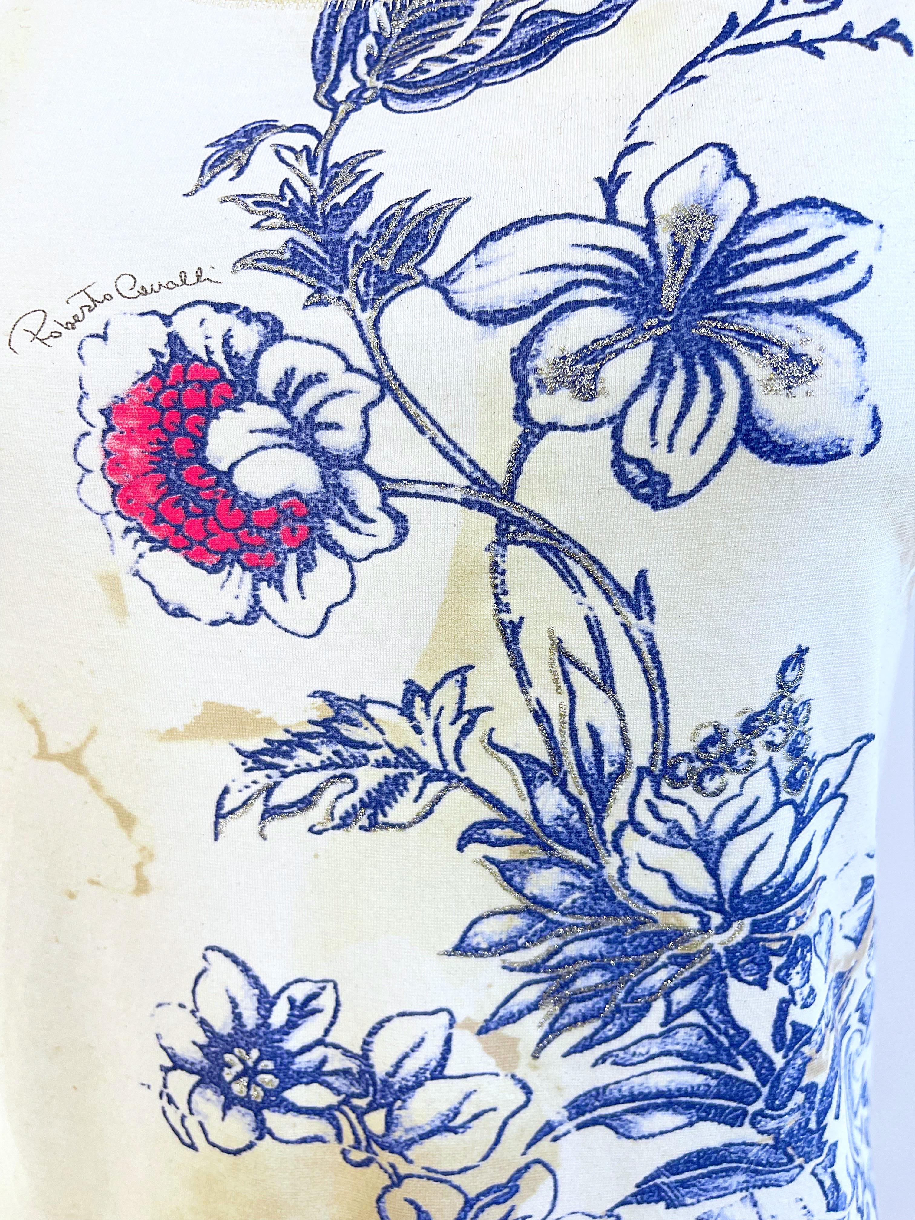 Roberto Cavalli Camiseta Primavera 2003 Estampado Tatuaje Flor de Dragón Vintage Y2K en venta 2