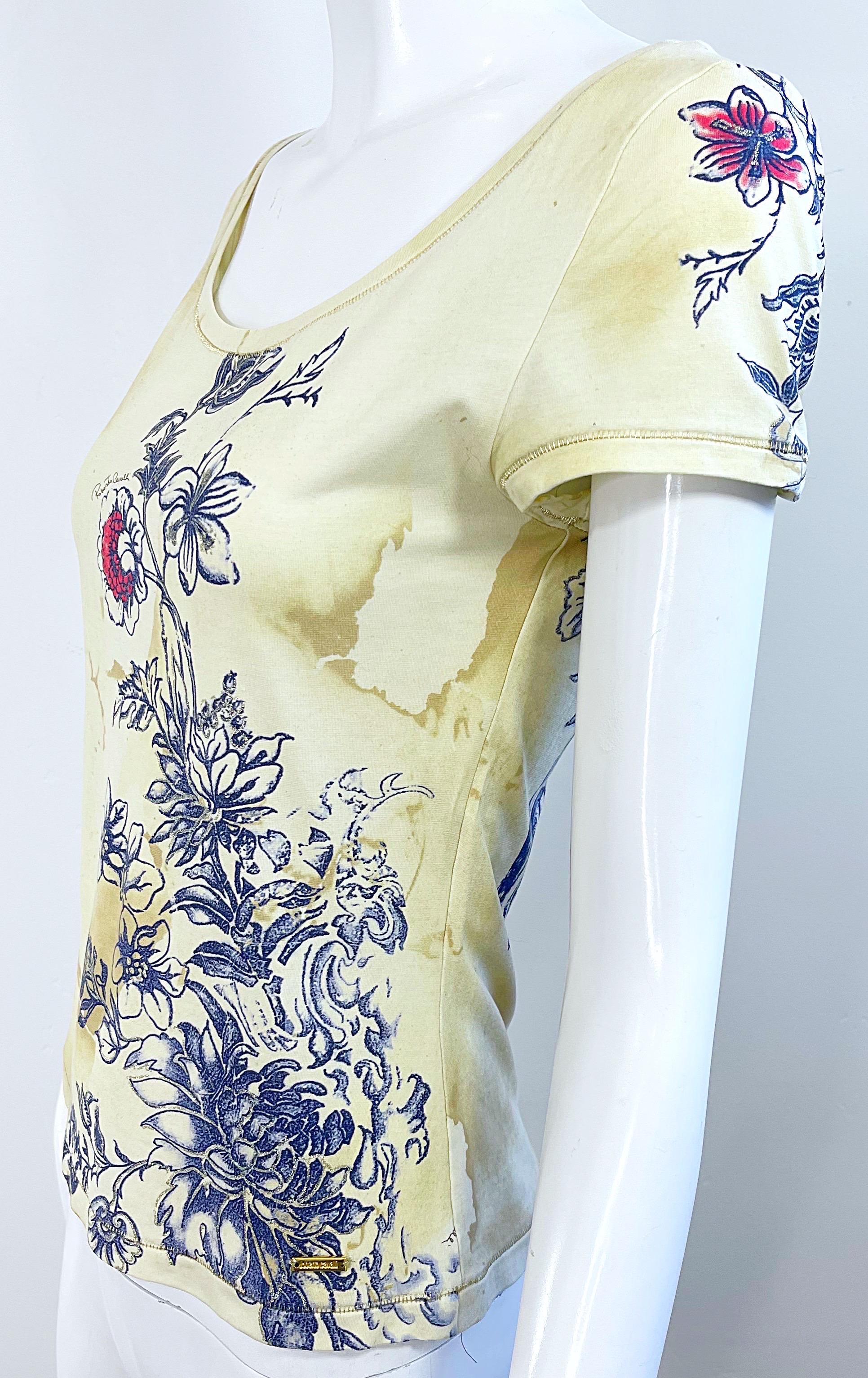 Roberto Cavalli Camiseta Primavera 2003 Estampado Tatuaje Flor de Dragón Vintage Y2K en venta 3