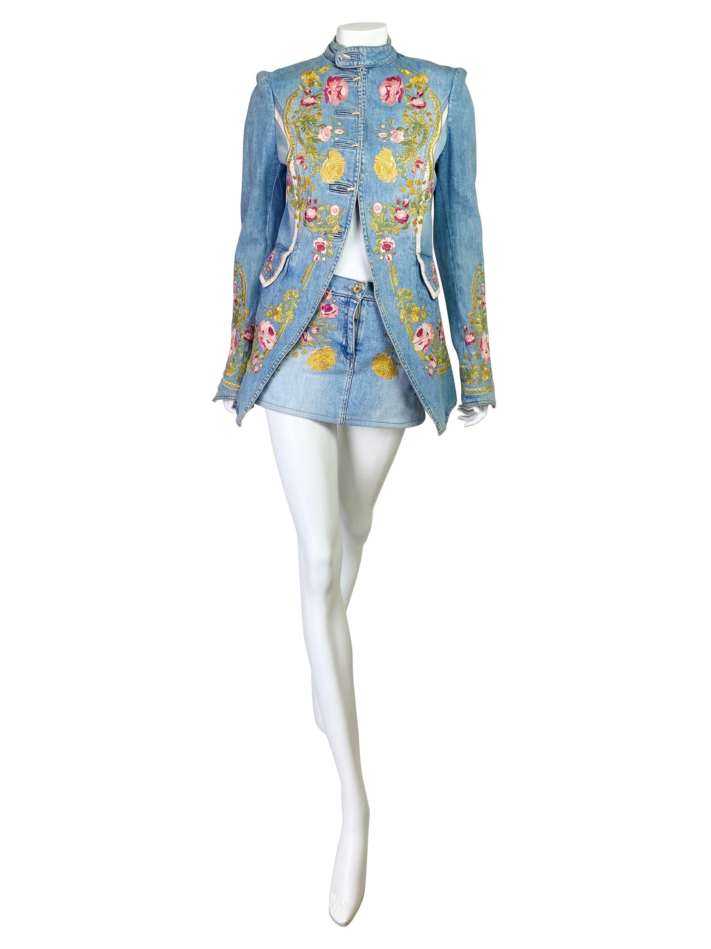 Gray Roberto Cavalli Spring 2003 Embroidered Denim Coat with Skirt
