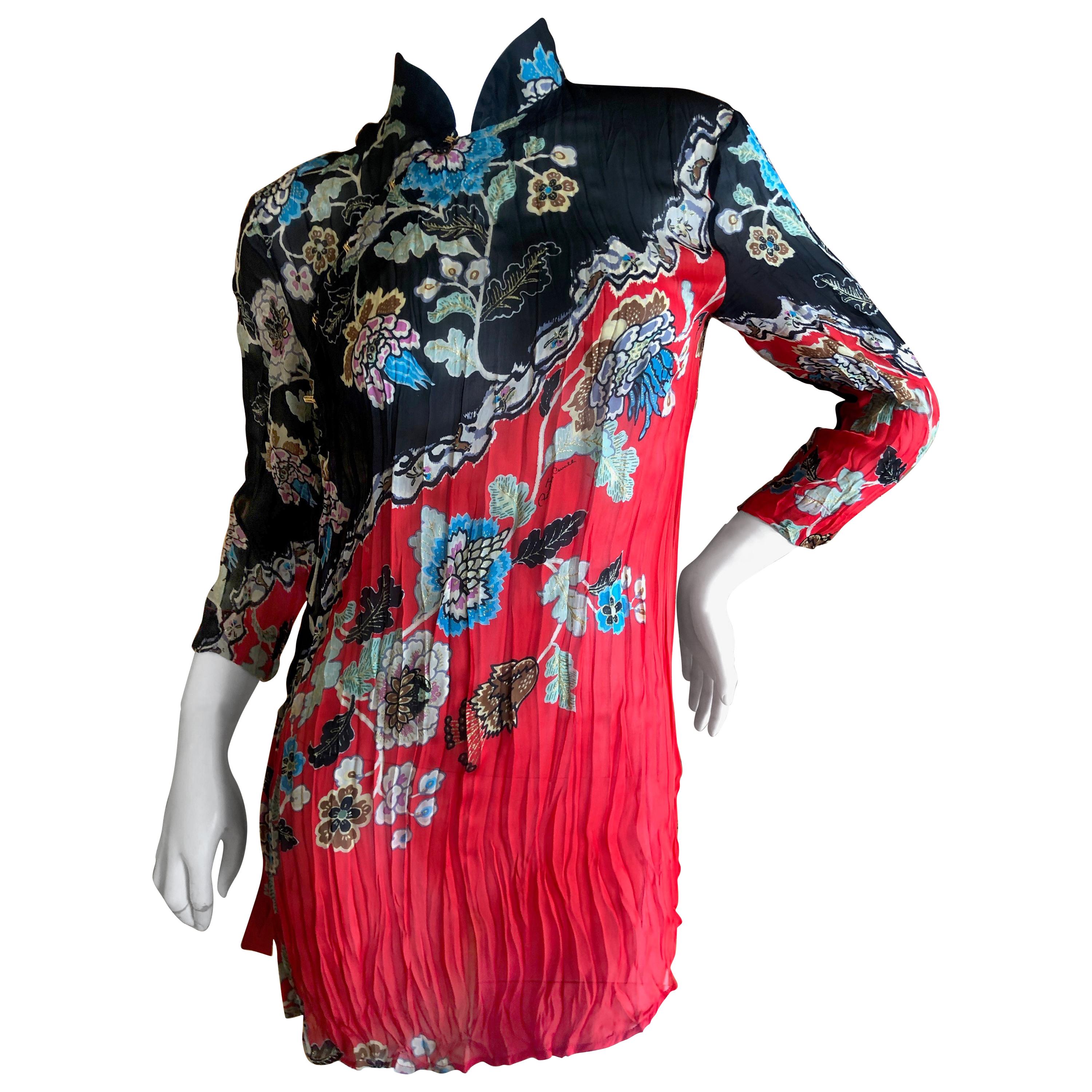 Roberto Cavalli Spring 2003 Pleated Silk Cheongsam Style Floral Tunic For Sale