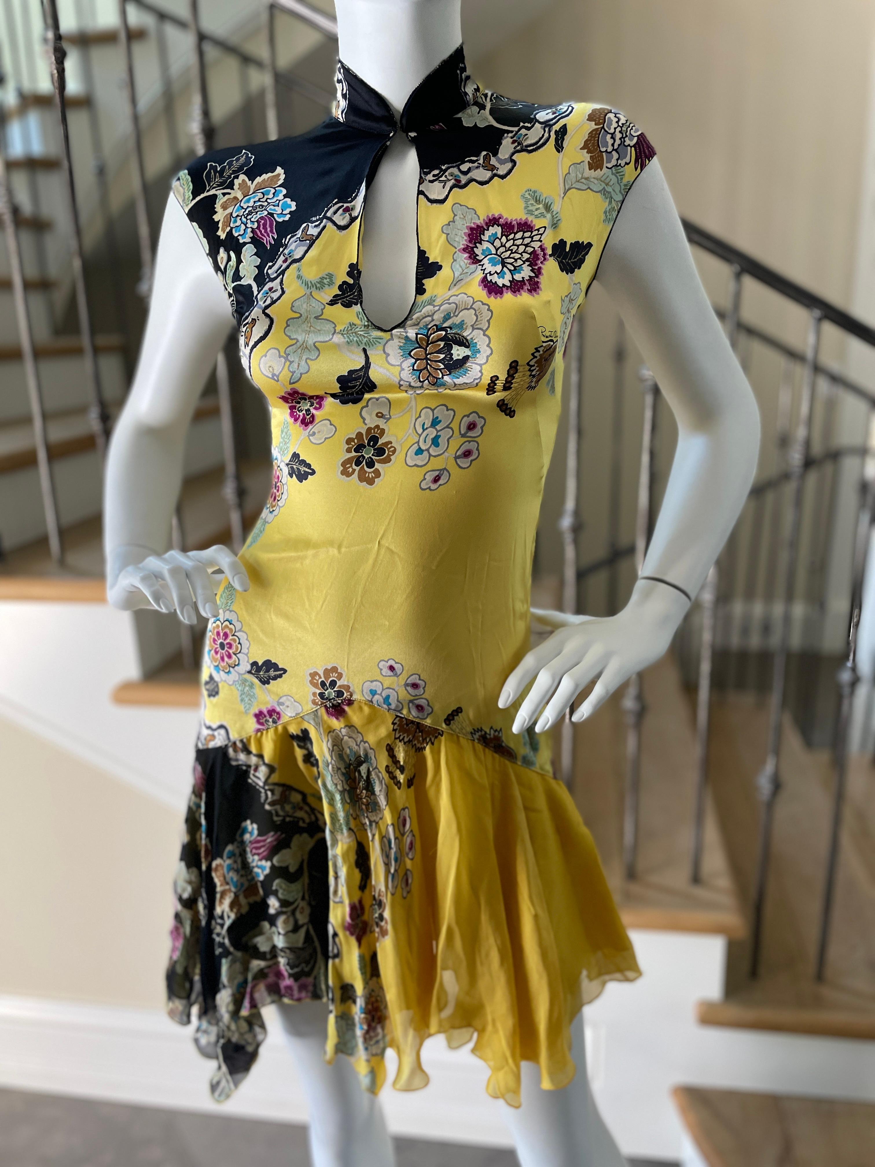 Roberto Cavalli Spring 2003 Silk Cheongsam Style High Collar Floral Dress 
Size S, there is a lot of stretch, but the size tag is no longer attached.
Bust 35