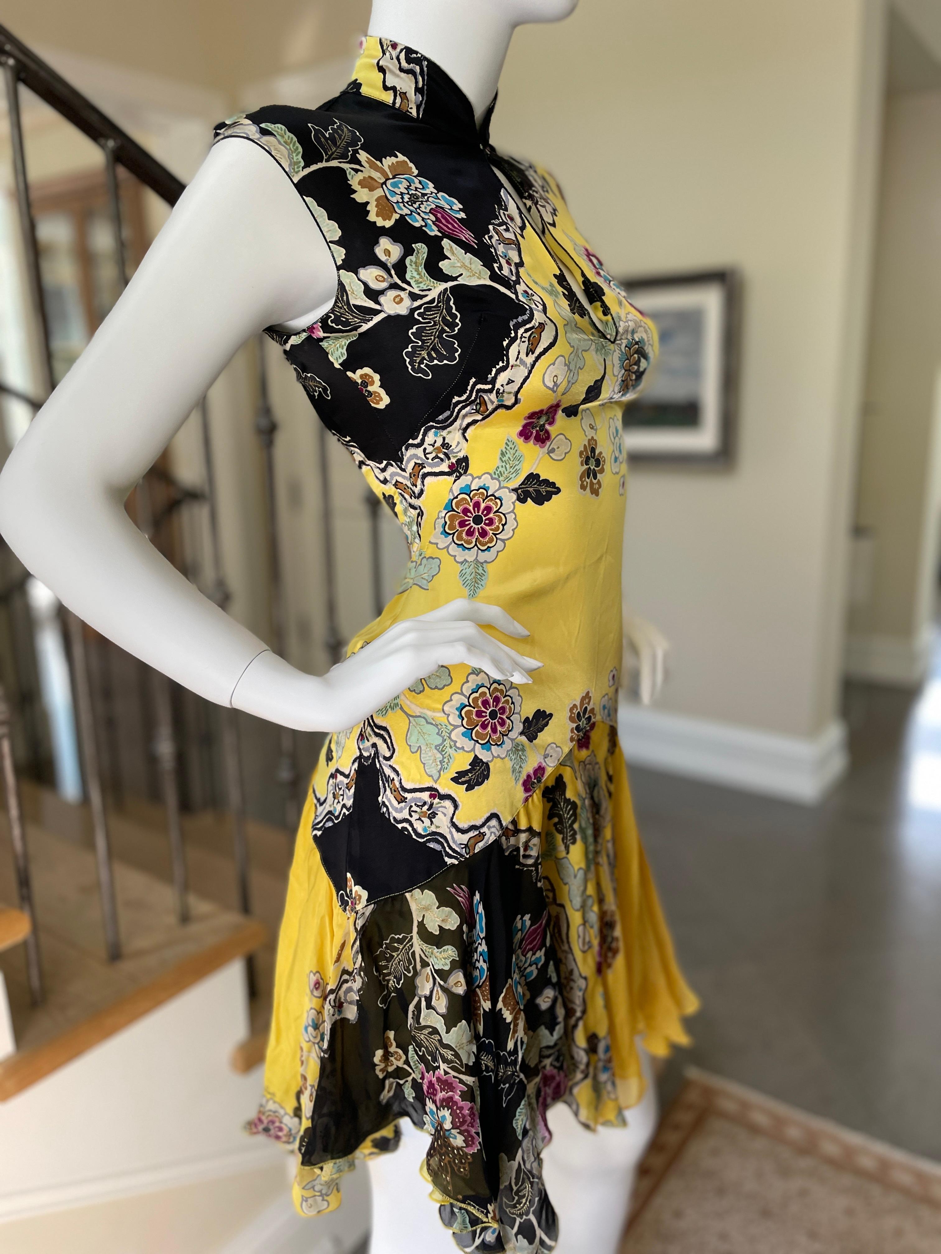 Women's Roberto Cavalli Spring 2003 Silk Cheongsam High Collar Keyhole Floral Dress For Sale