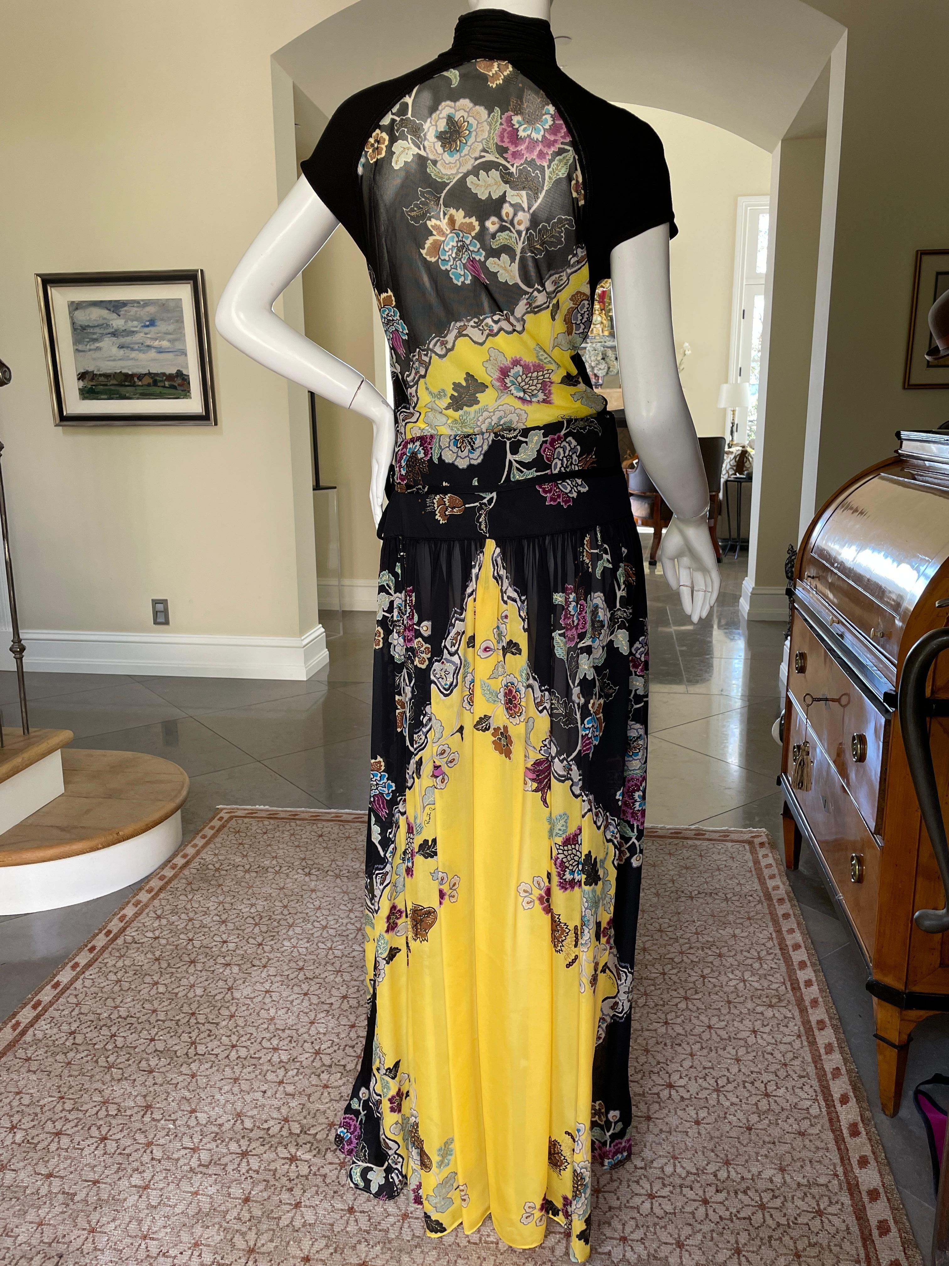 Black Roberto Cavalli Spring 2003 Silk Cheongsam Style Floral Dress Set w Skirt & Top For Sale