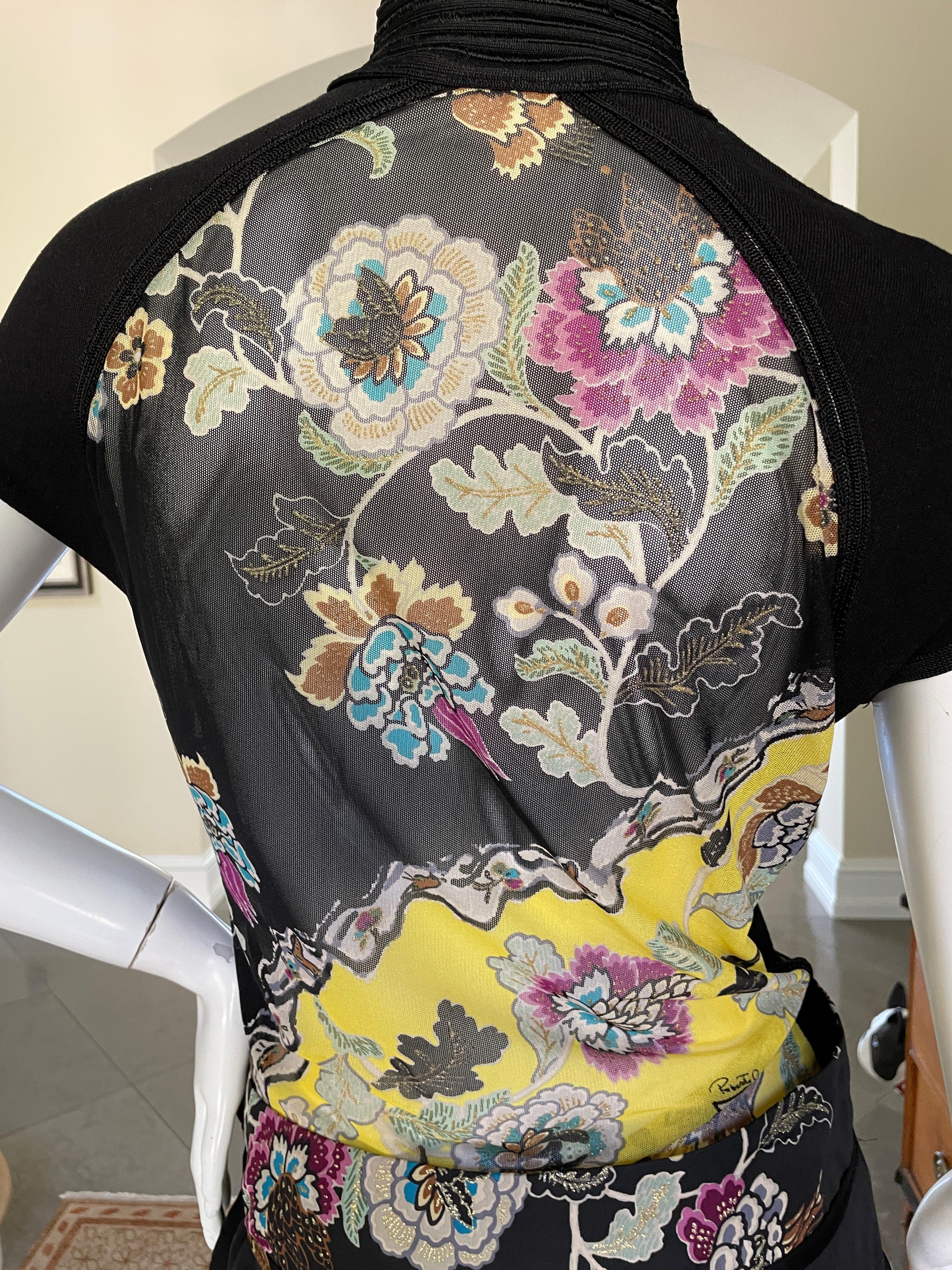 Roberto Cavalli Spring 2003 Silk Cheongsam Style Floral Dress Set w Skirt & Top In Excellent Condition For Sale In Cloverdale, CA