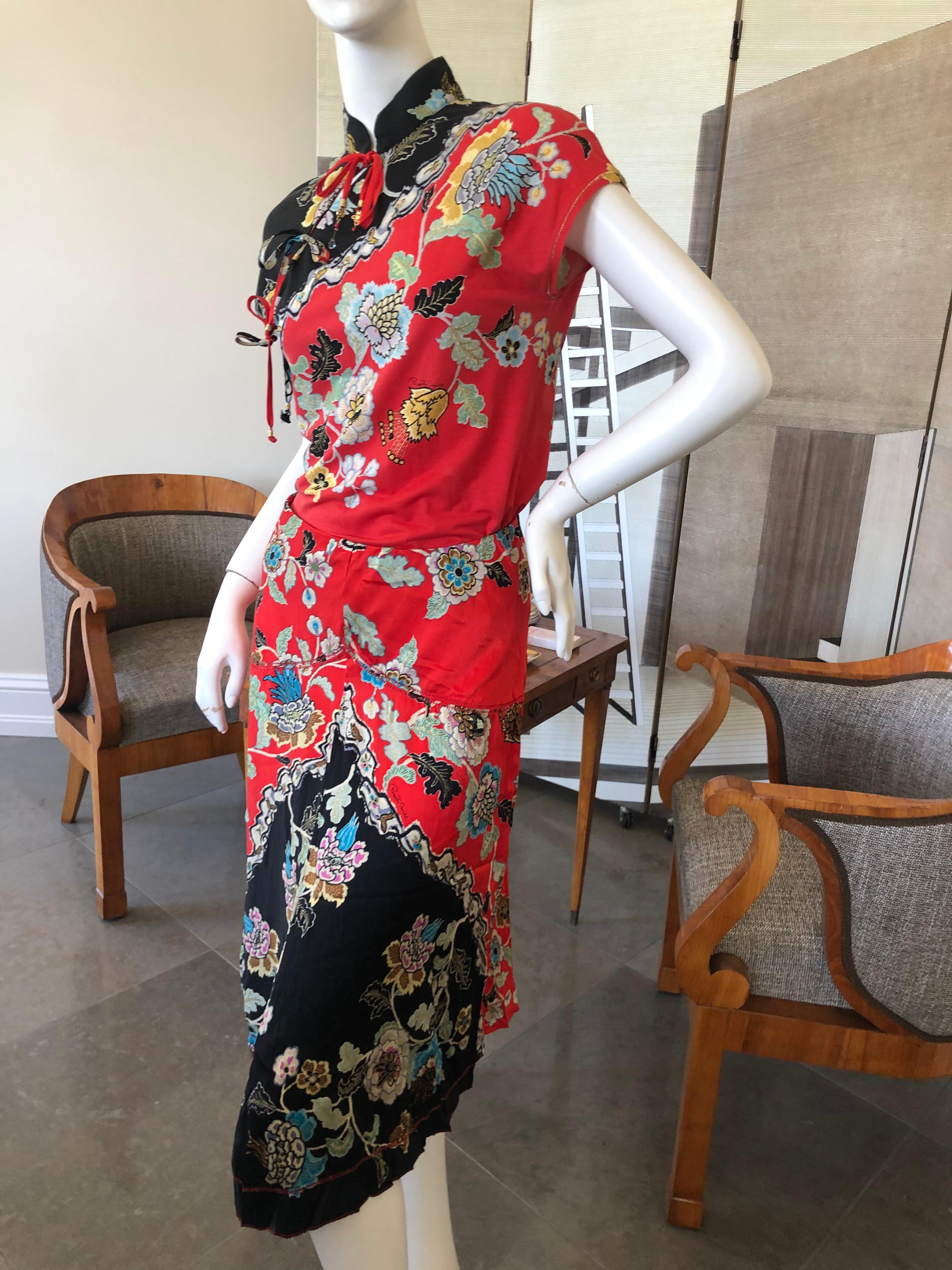 Roberto Cavalli Frühjahr 2003 Seidenkleid-Set im Cheongsam-Stil mit Rock und Oberteil Damen im Angebot