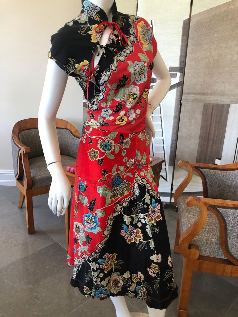 Roberto Cavalli Spring 2003 Silk Cheongsam Style Floral Dress Set w Skirt &  Top