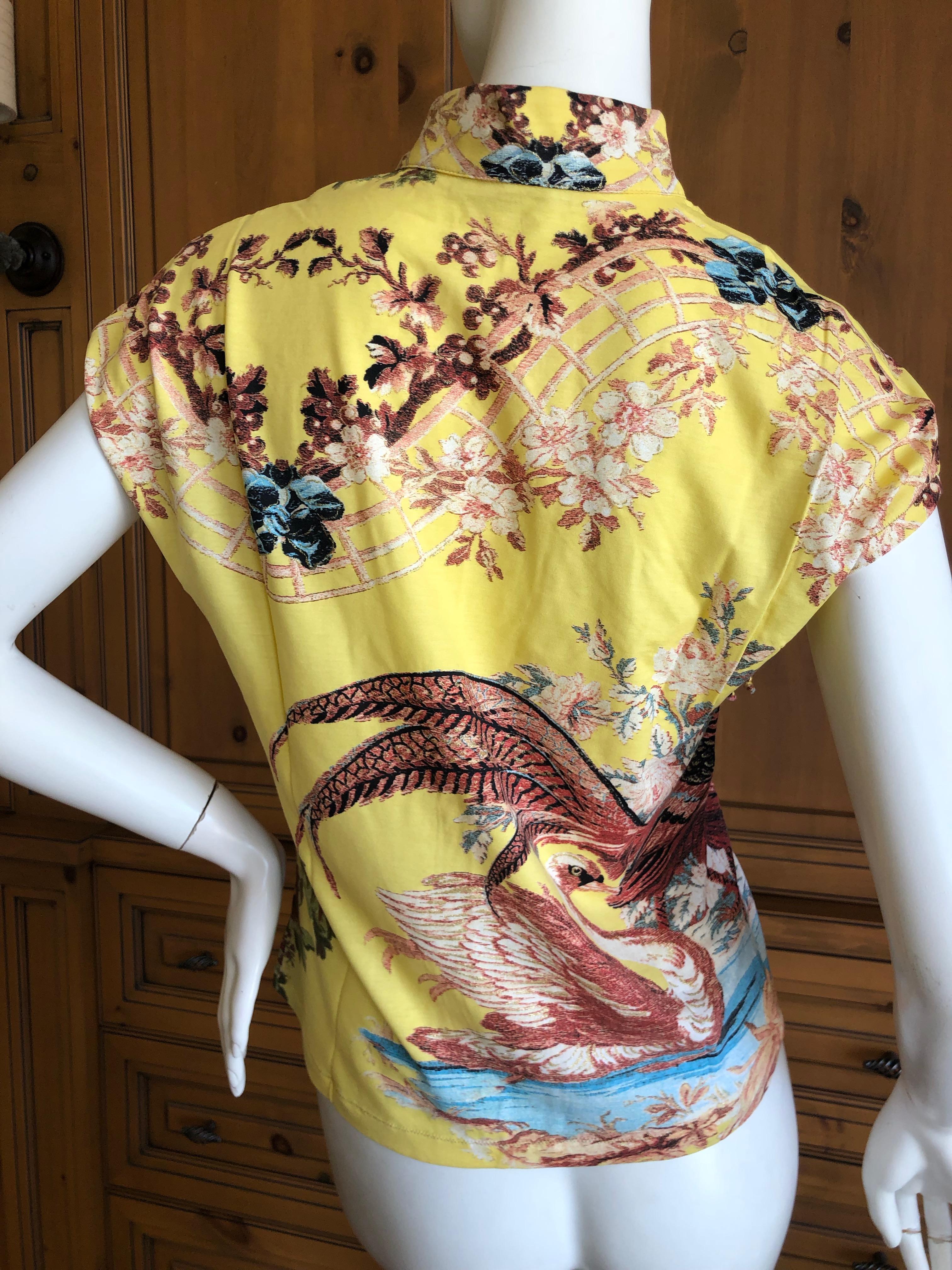 Beige Roberto Cavalli Spring 2003 Silk Cheongsam Style Floral Top Size Large For Sale