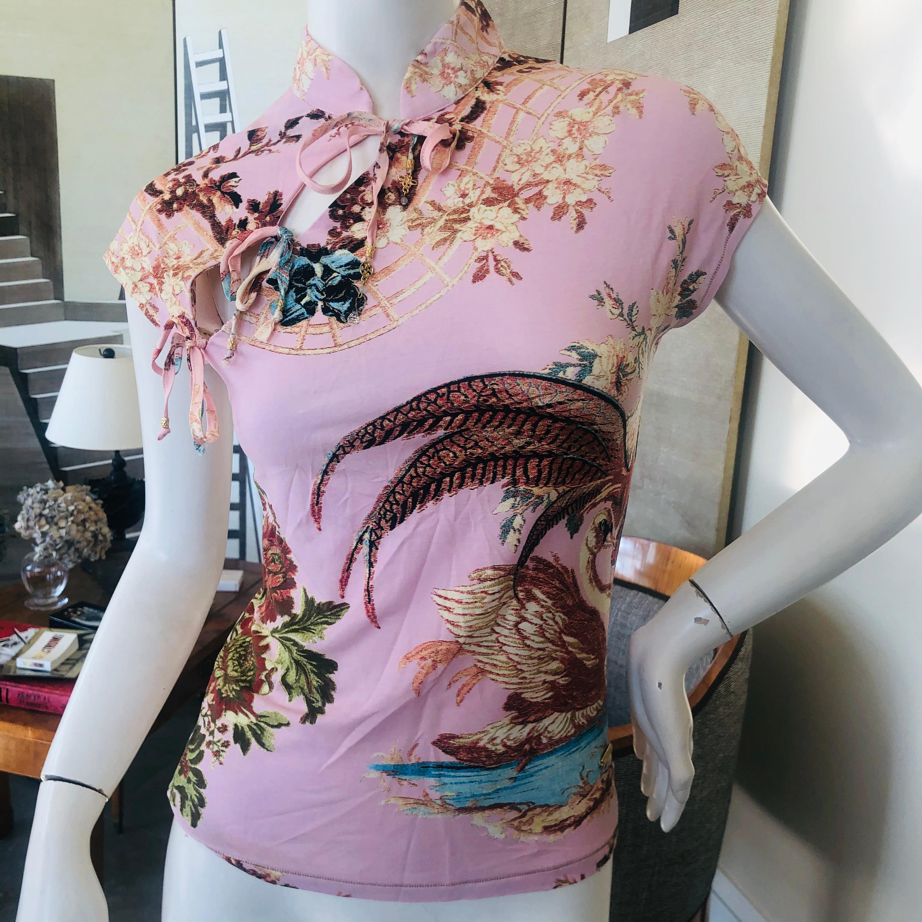 Roberto Cavalli 2003 Pink Pheasant Pattern Cheongsam Style Top 
Size M, runs small, there is a lot of stretch.
Bust 35