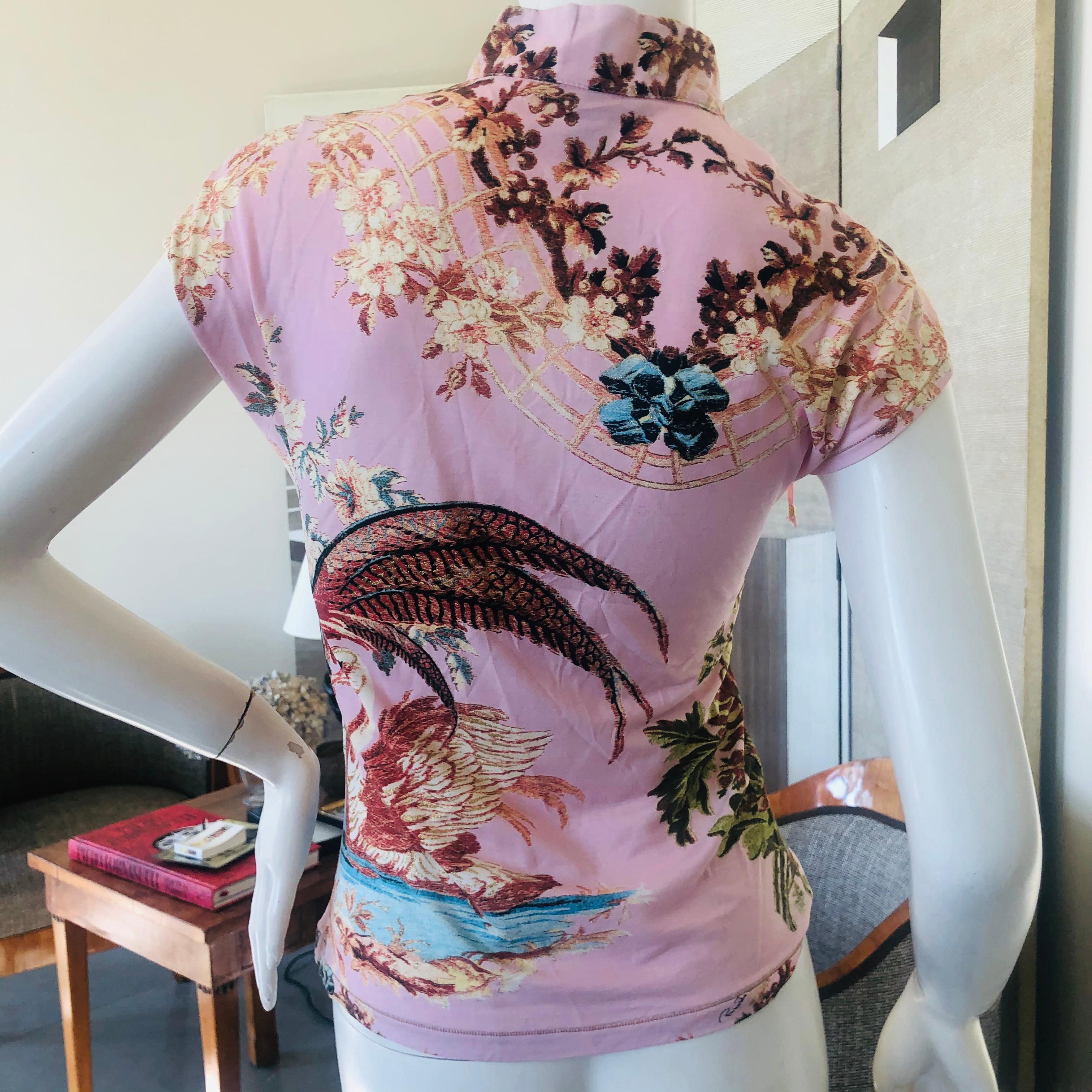 Roberto Cavalli Spring 2003 Silk Cheongsam Style Floral Top Size M In Excellent Condition In Cloverdale, CA