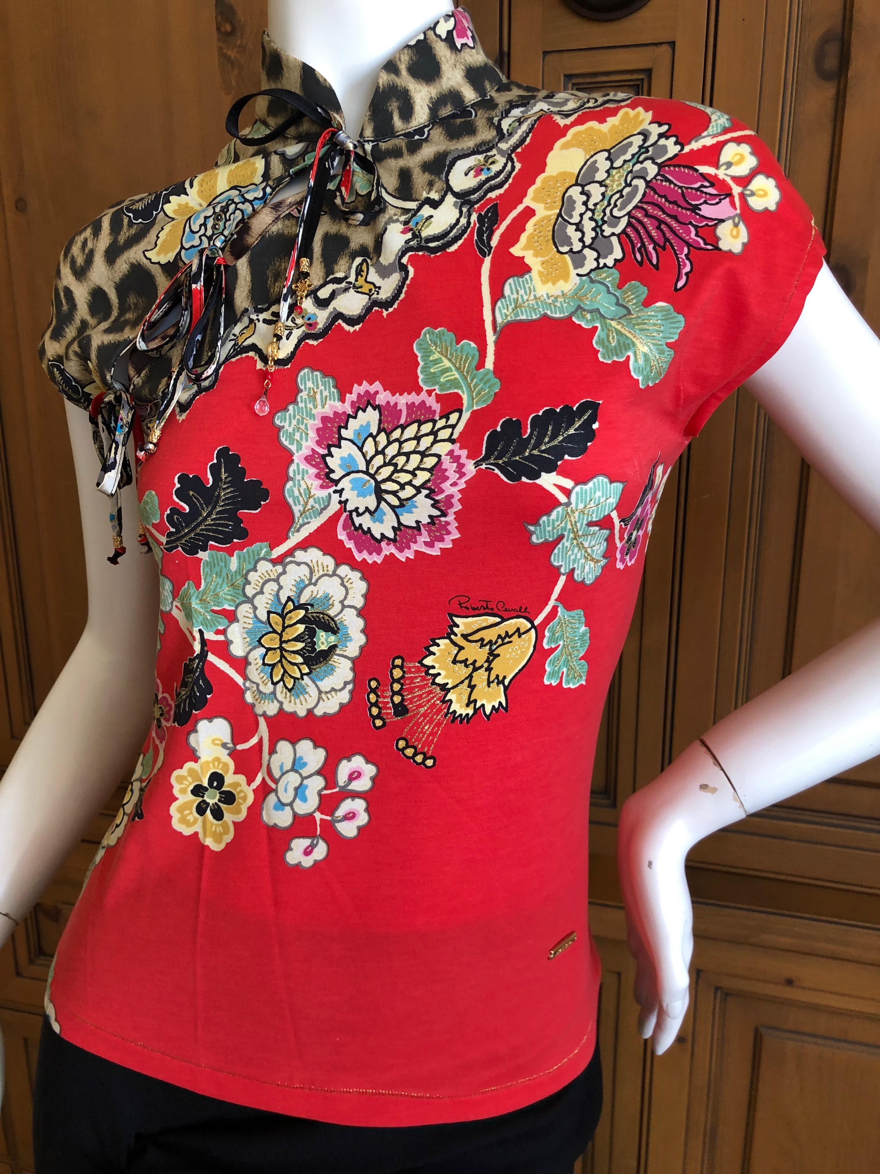 Red Roberto Cavalli Spring 2003 Silk Cheongsam Style Floral Top Size XS For Sale
