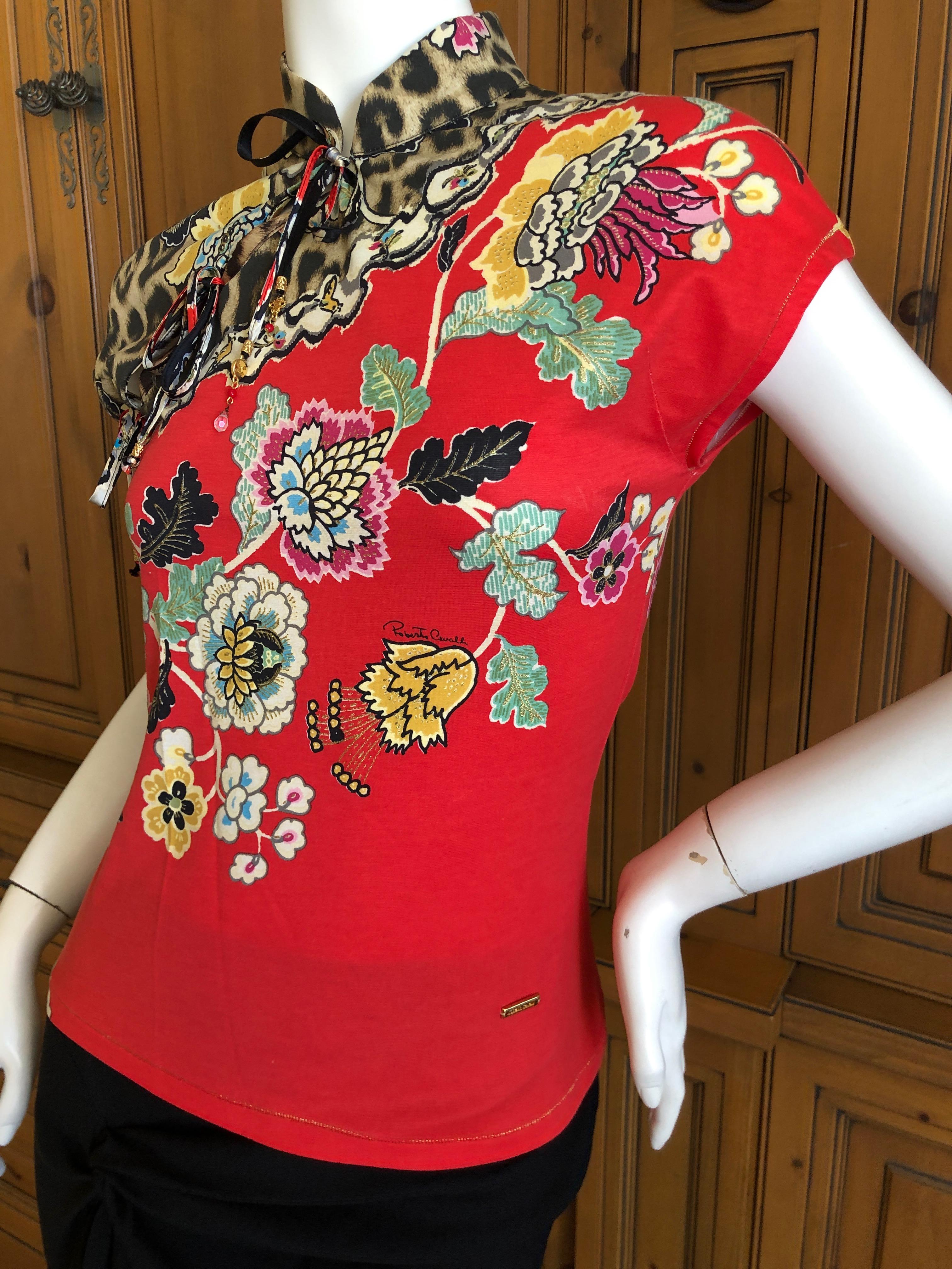 Roberto Cavalli Spring 2003 Silk Cheongsam Style Floral Top Size XS In Excellent Condition For Sale In Cloverdale, CA
