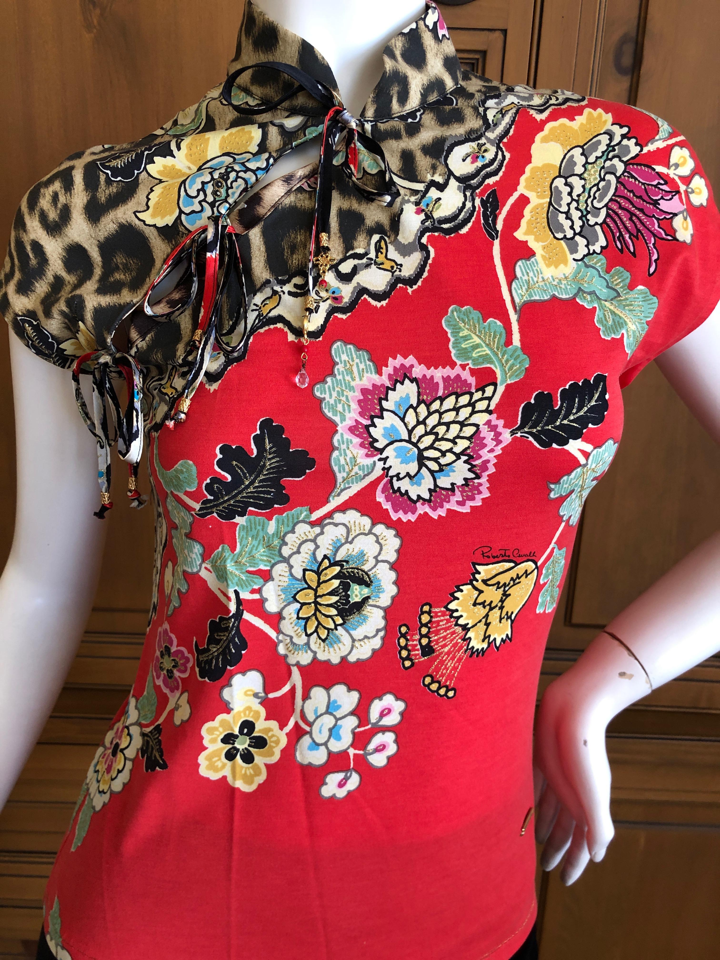 Women's Roberto Cavalli Spring 2003 Silk Cheongsam Style Floral Top Size XS For Sale