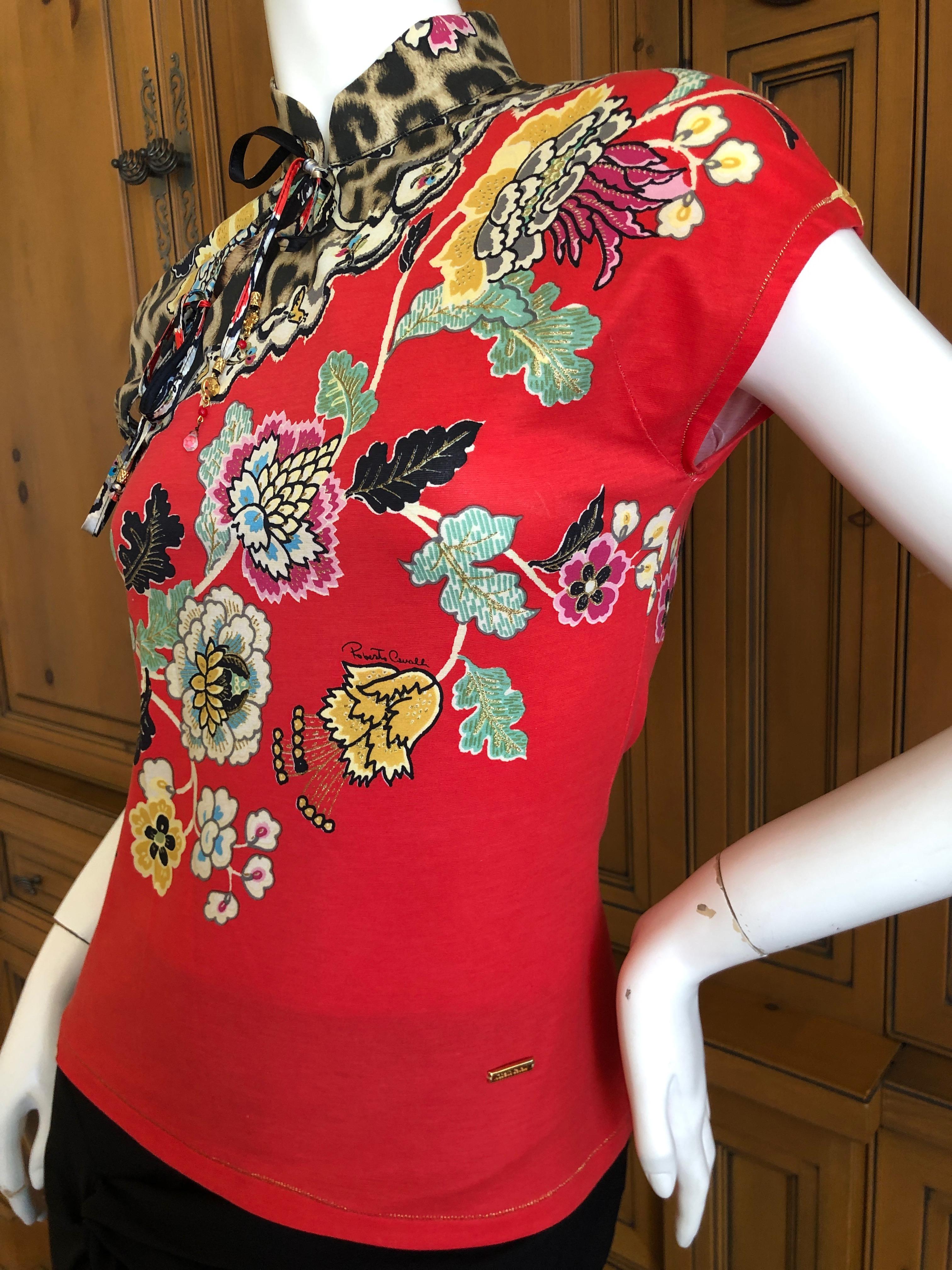 Roberto Cavalli Spring 2003 Silk Cheongsam Style Floral Top Size XS For Sale 2