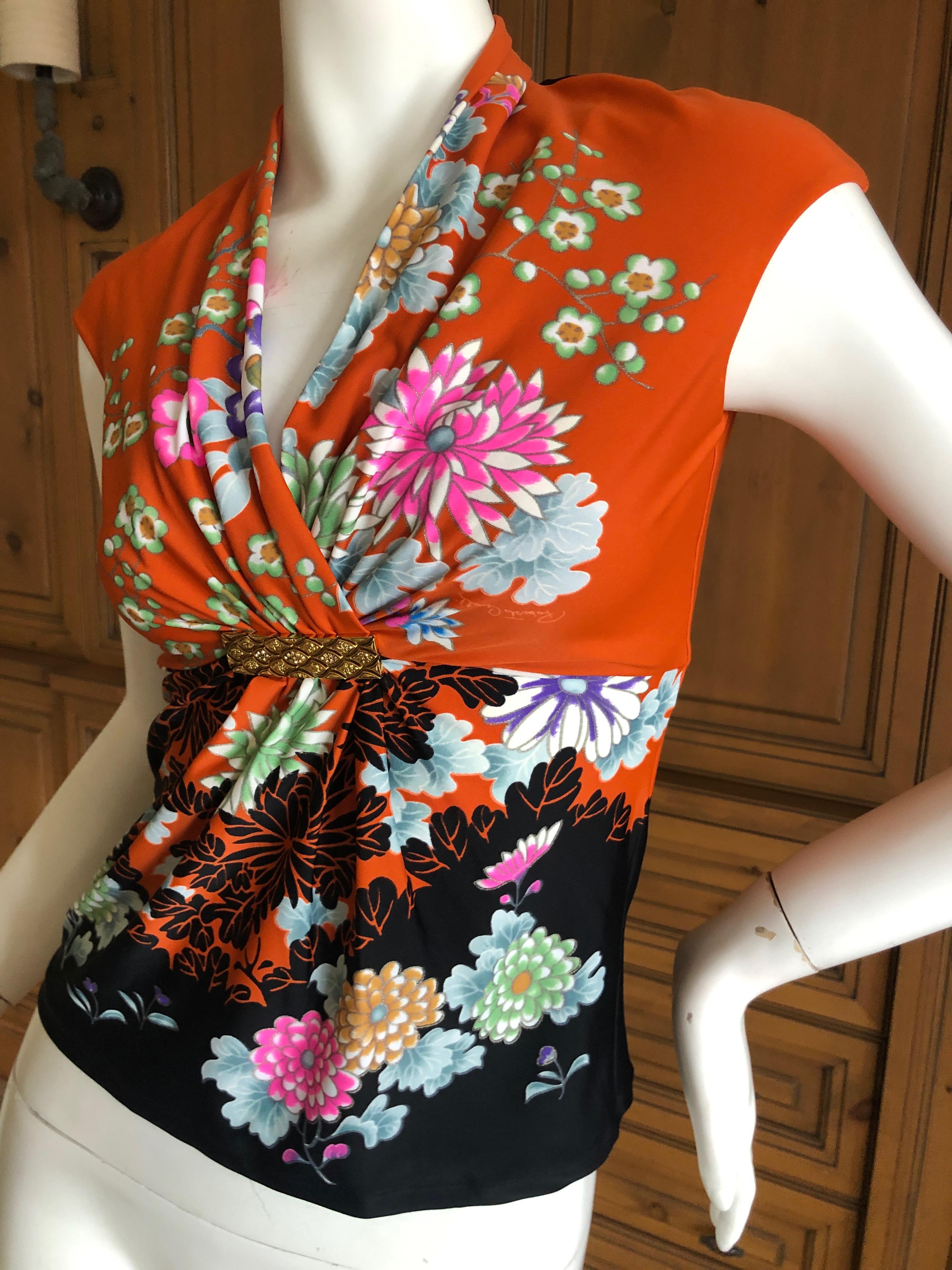 Roberto Cavalli Spring 2003 Silk Cheongsam Style Floral Top w Crystal Gold Trim In Excellent Condition For Sale In Cloverdale, CA