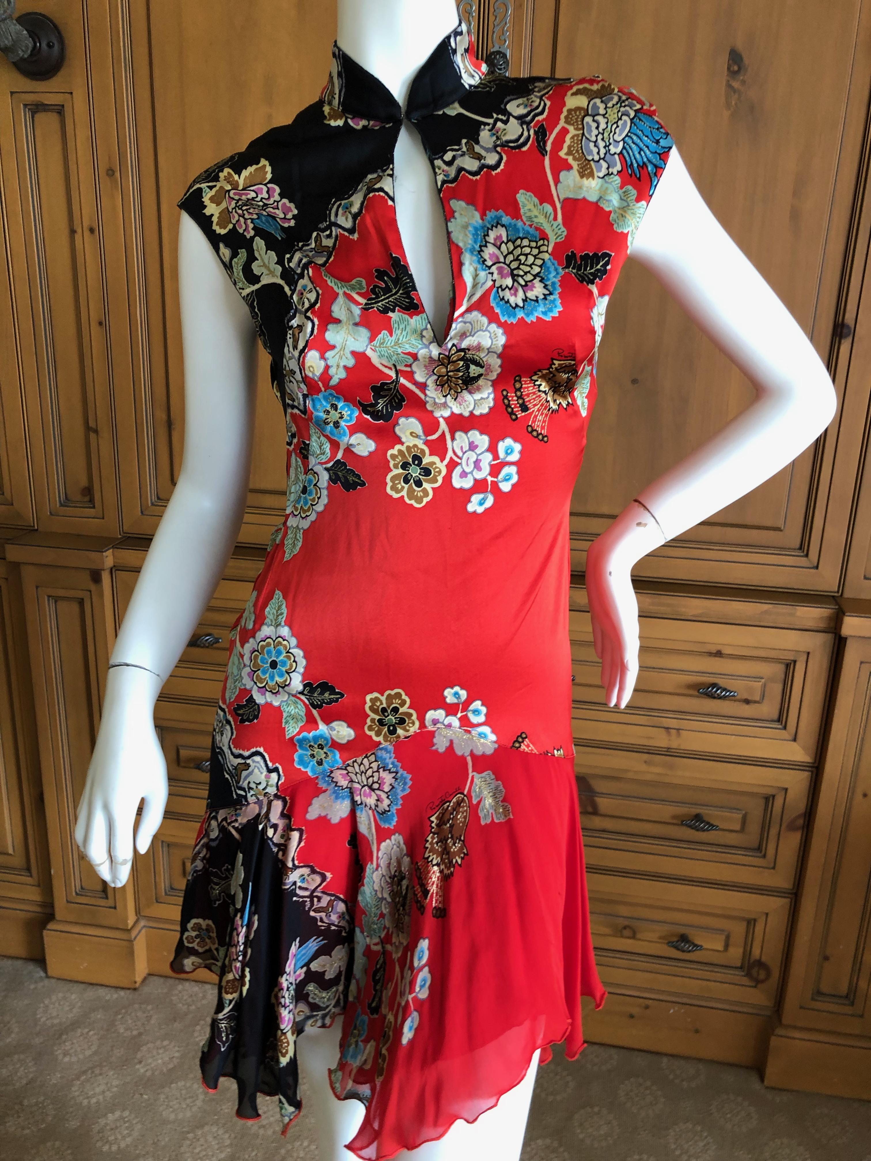 Red Roberto Cavalli Spring 2003 Silk Cheongsam Style High Collar Floral Dress  For Sale