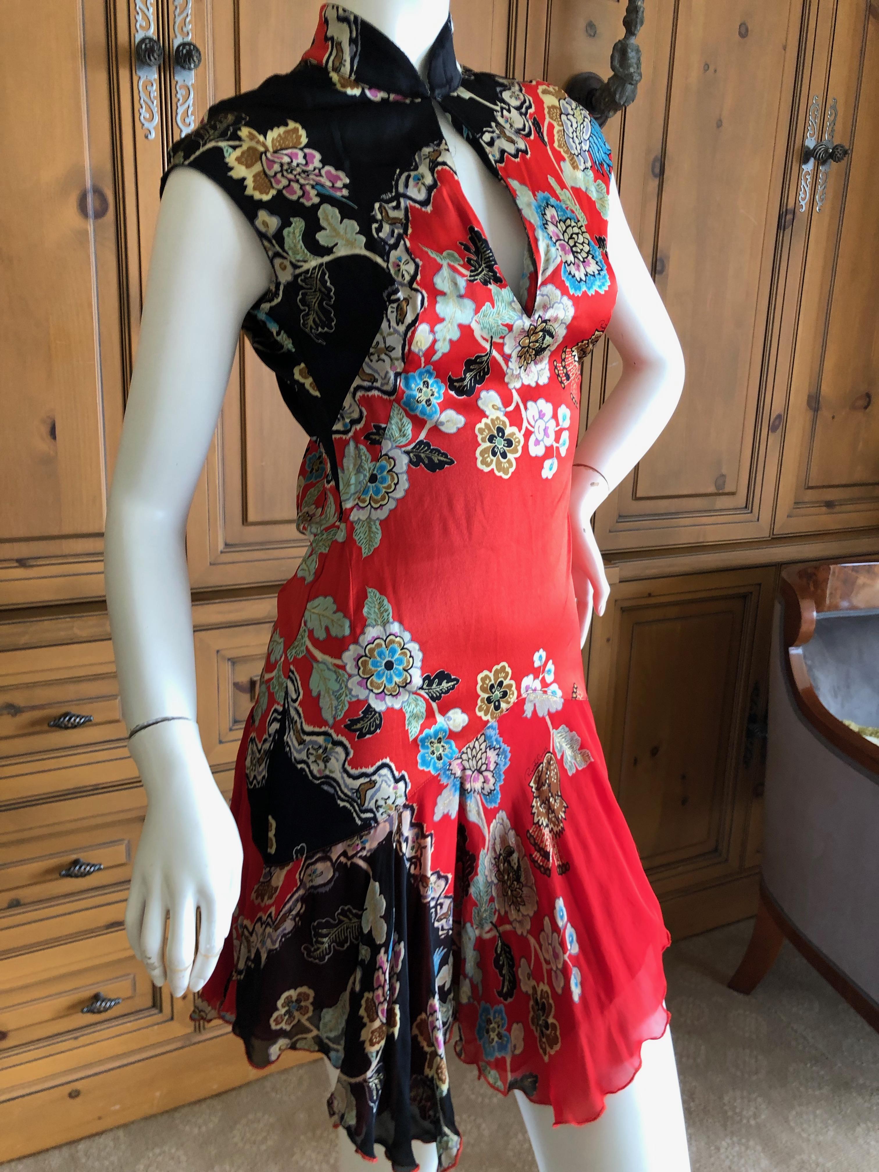 Roberto Cavalli Spring 2003 Silk Cheongsam Style High Collar Floral Dress  In Good Condition For Sale In Cloverdale, CA