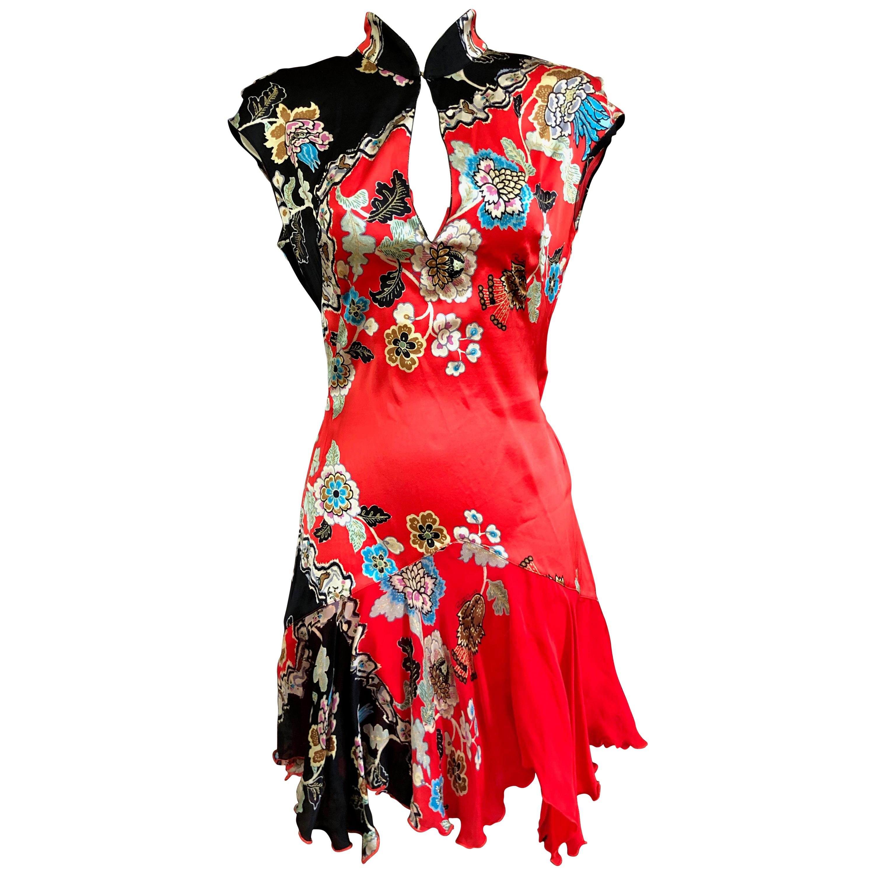 Roberto Cavalli Spring 2003 Silk Cheongsam Style High Collar Floral Dress  For Sale