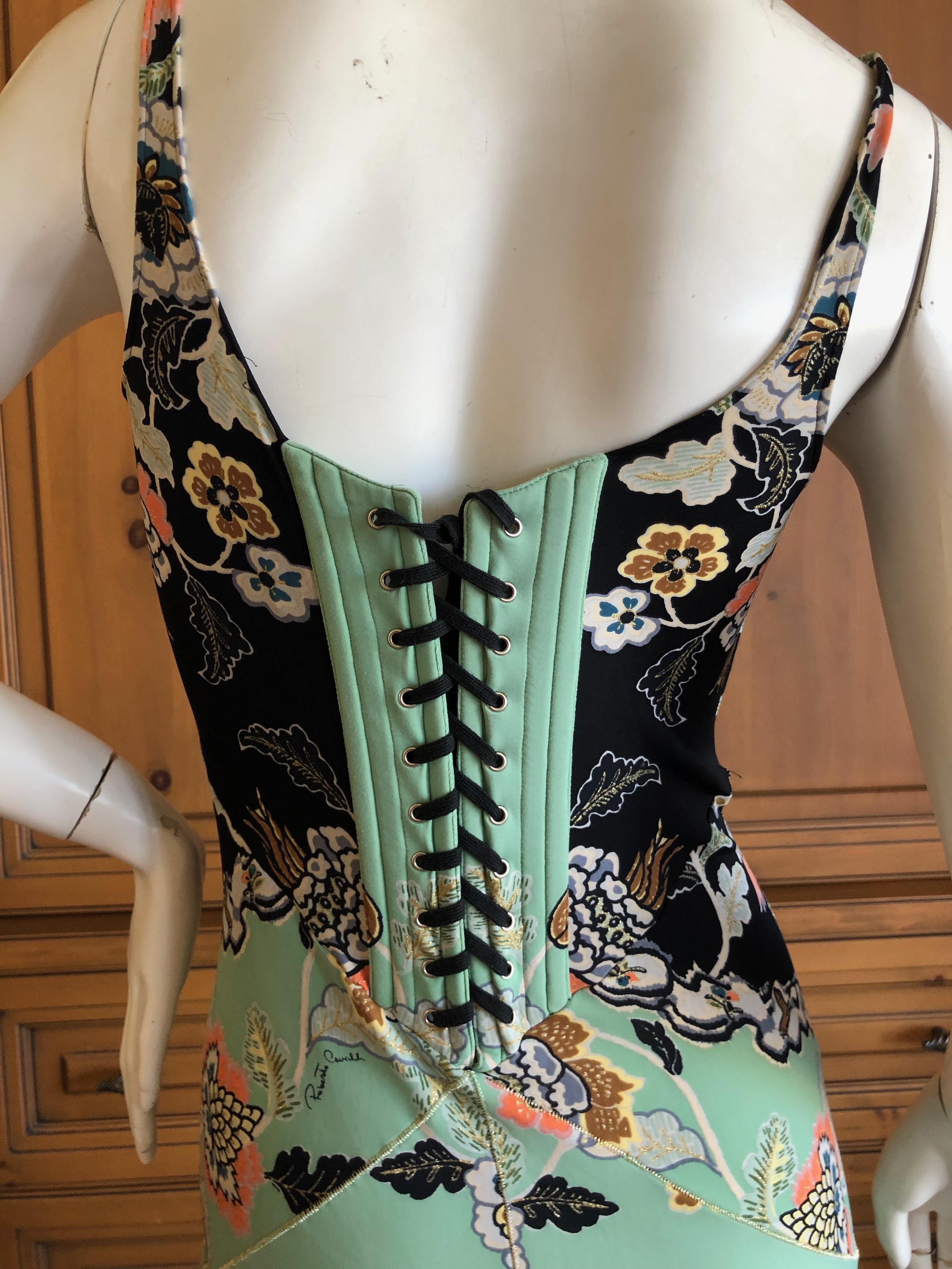 Roberto Cavalli Spring 2003 Silk Chinoiserie Style Floral Dress w Corset Lace
Size M, there is a lot of stretch
Bust 36