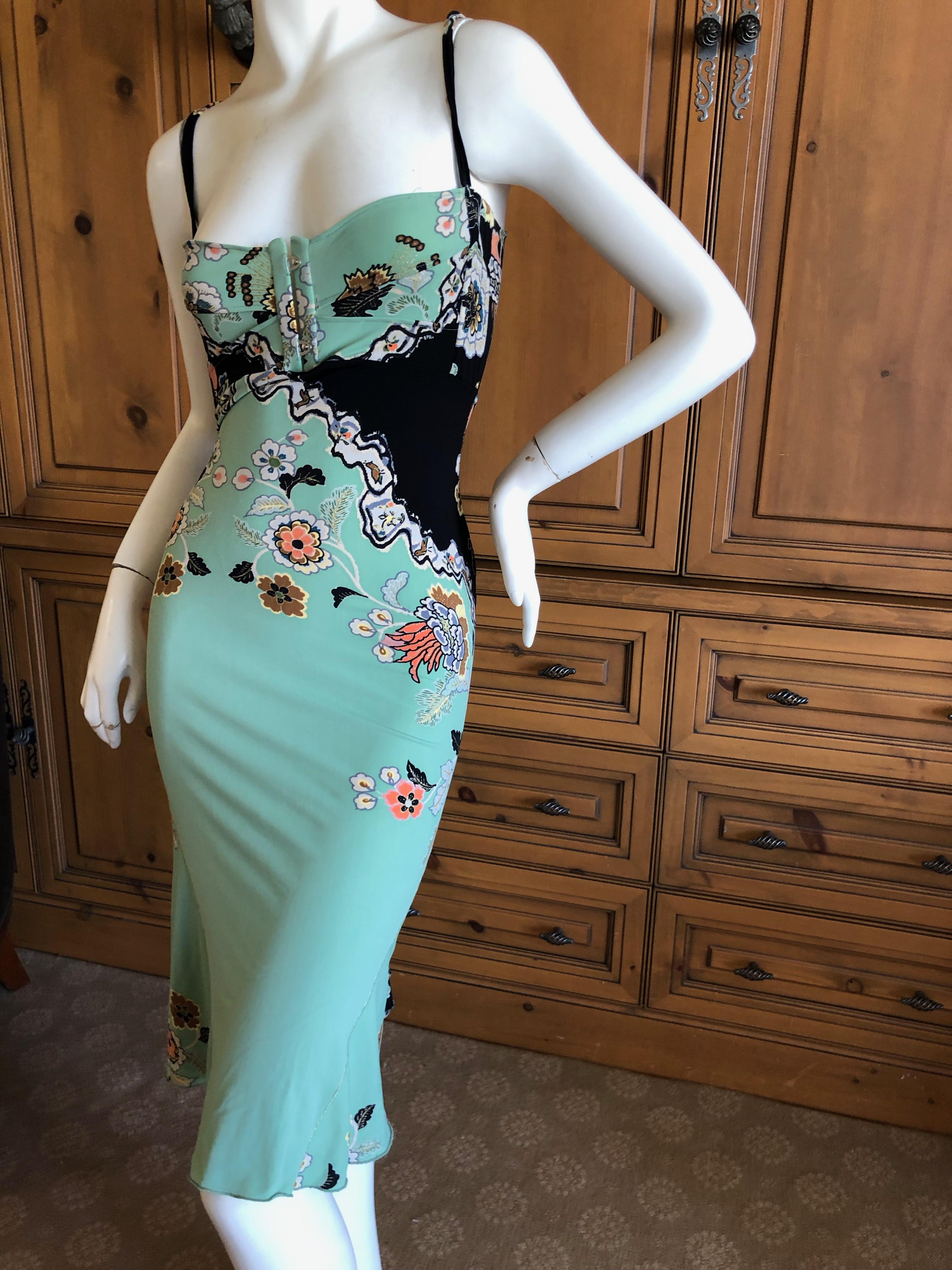 Roberto Cavalli Spring 2003 Silk Chinoiserie Style Floral Dress w Corset Lace M In Excellent Condition For Sale In Cloverdale, CA