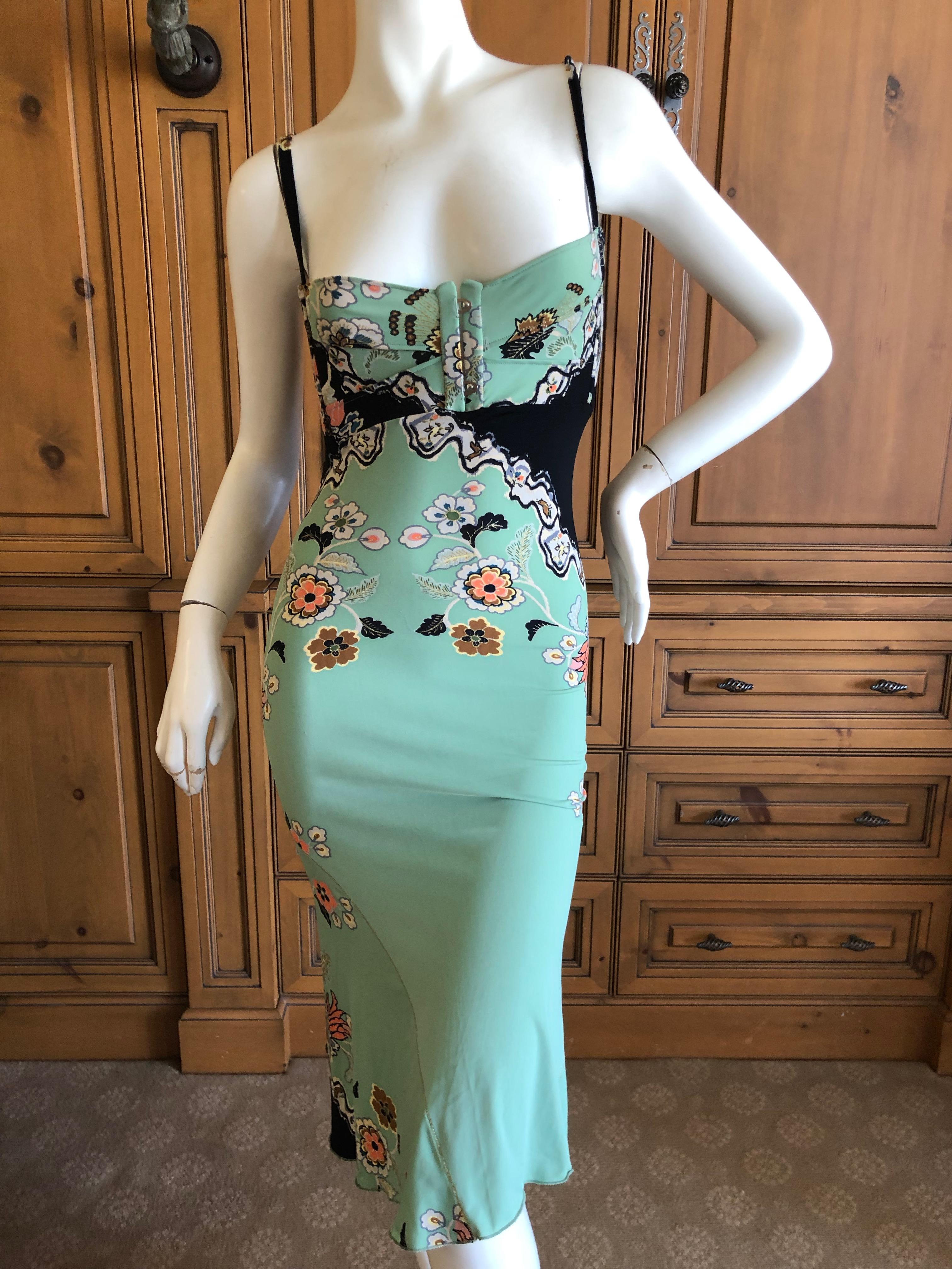 Roberto Cavalli Spring 2003 Silk Chinoiserie Style Floral Dress w Corset Lace M For Sale 1