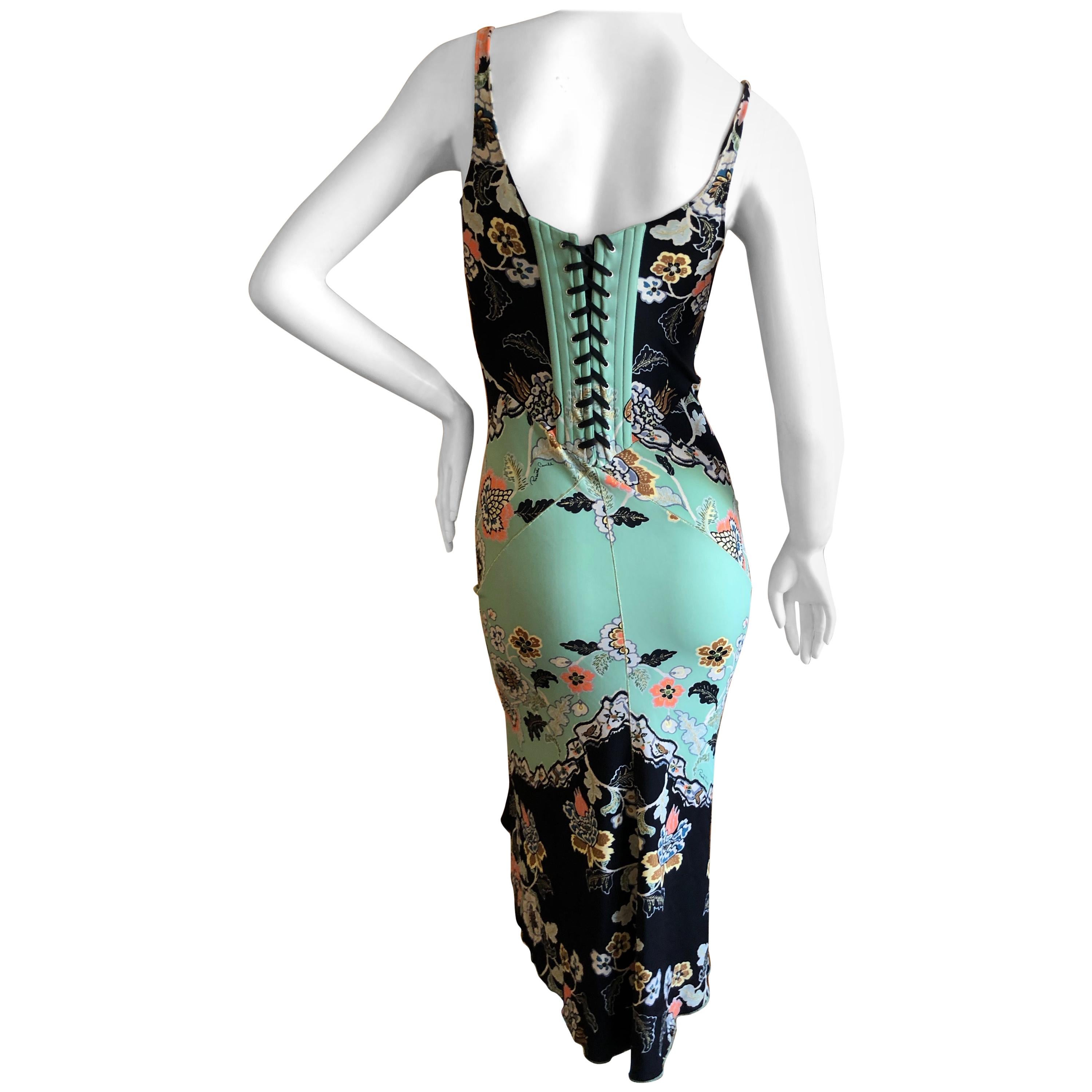 Roberto Cavalli Spring 2003 Silk Chinoiserie Style Floral Dress w Corset Lace M For Sale