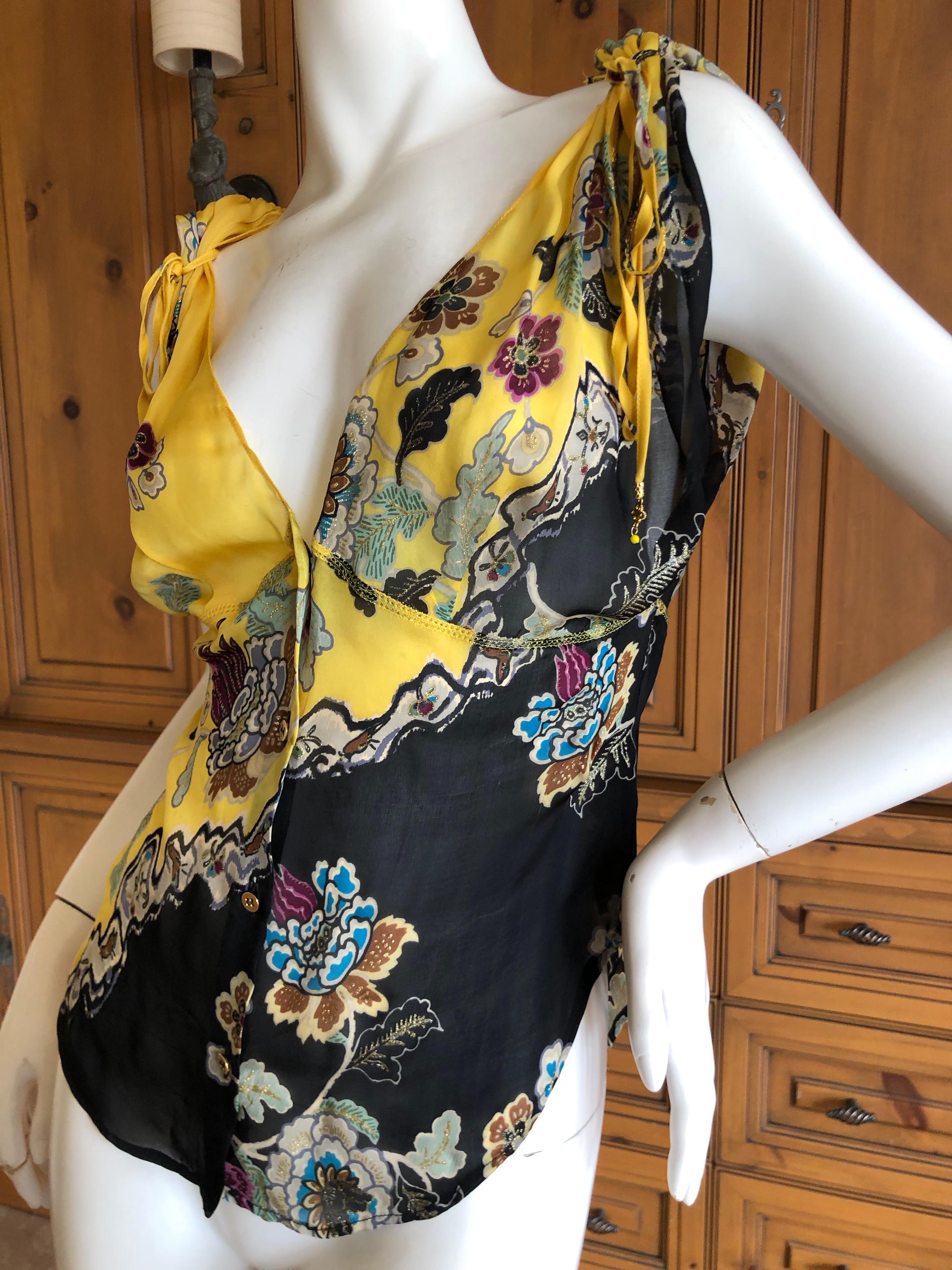 Black Roberto Cavalli Spring 2003 Silk Chinoiserie Style Floral Top
