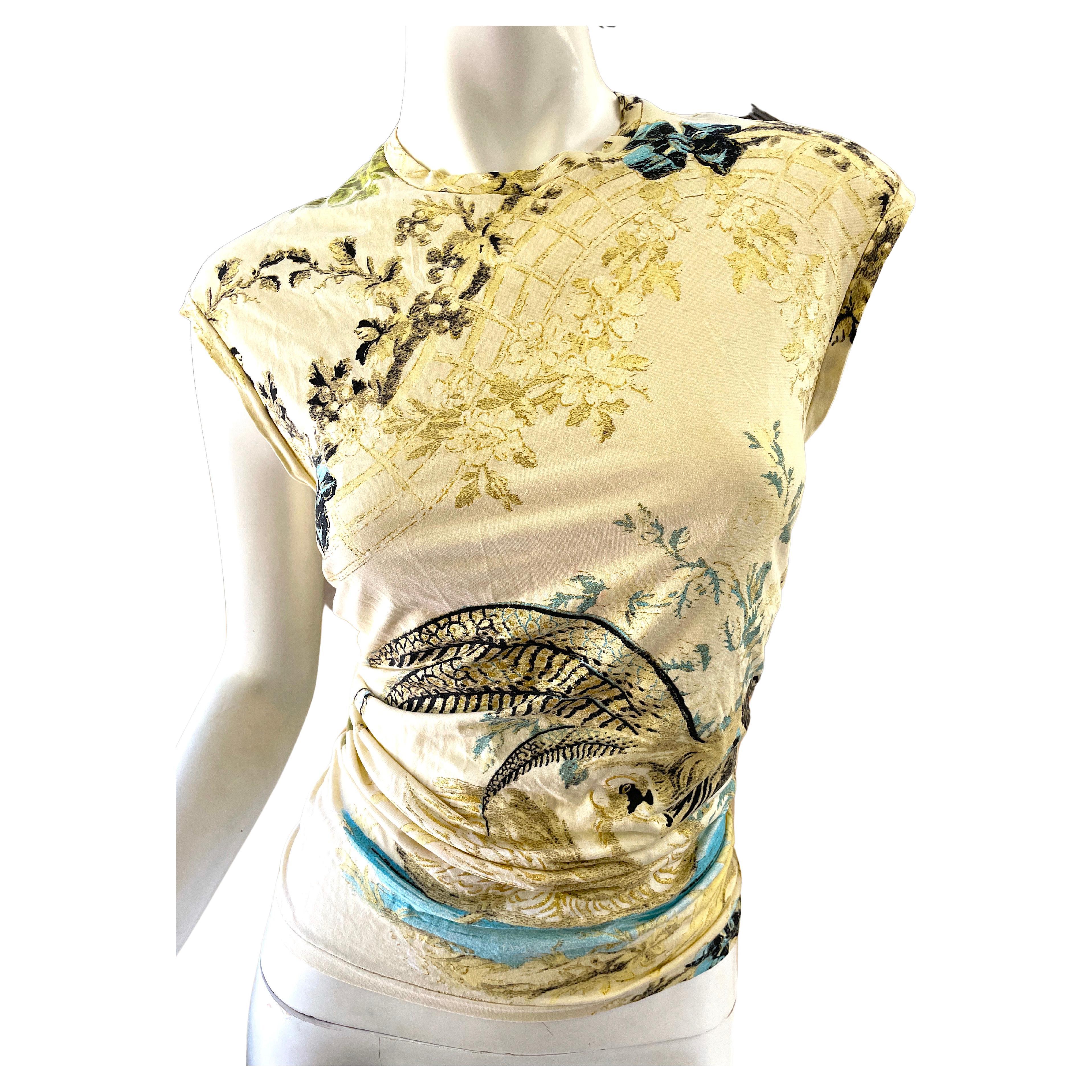 Roberto Cavalli Spring 2003 Silk Chinoiserie Style Pheasant and Floral Top 
Size S, there is a lot of stretch
Bust 34