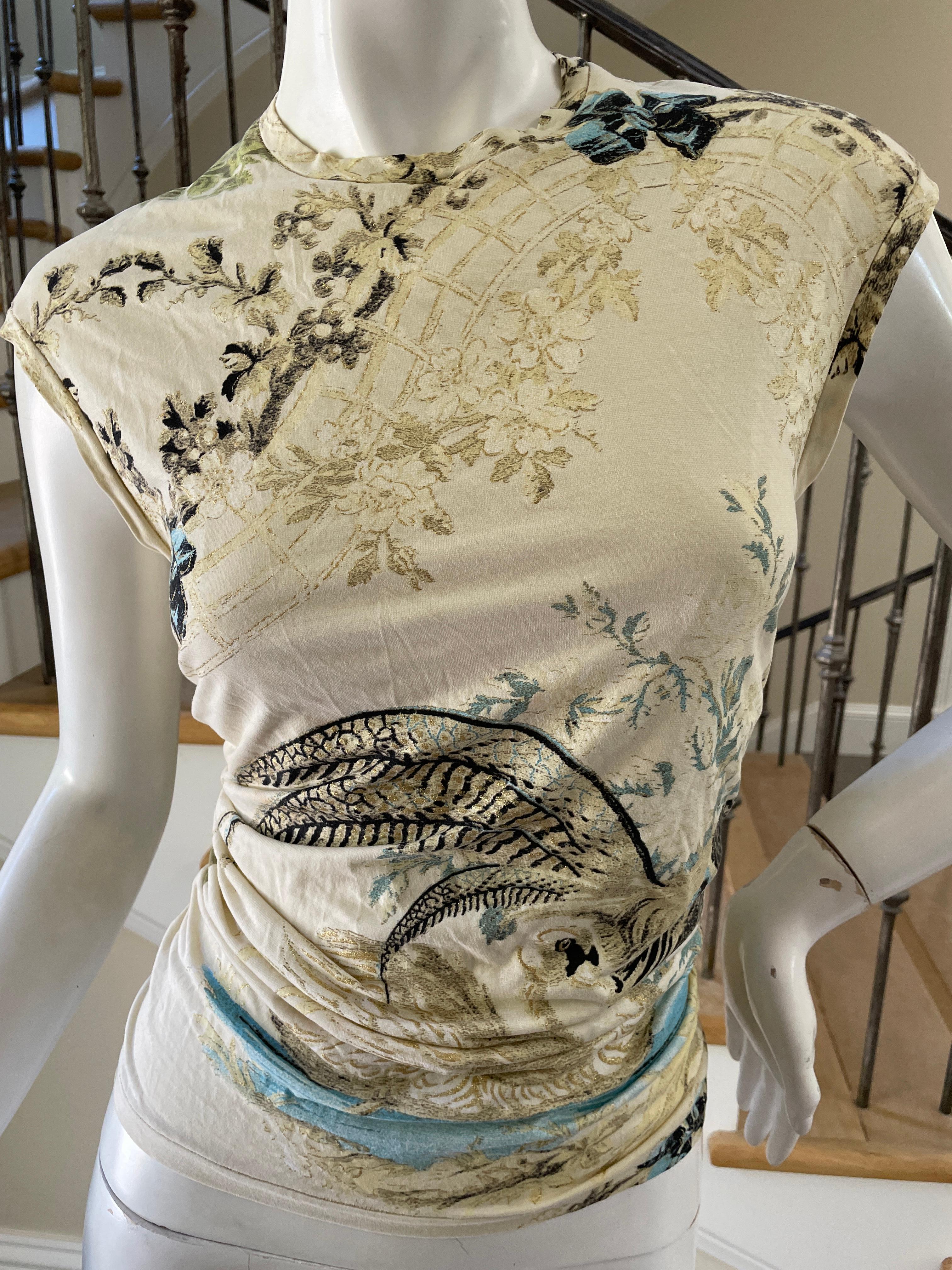 Roberto Cavalli Spring 2003 Silk Chinoiserie Style Pheasant and Floral Top In Excellent Condition In Cloverdale, CA
