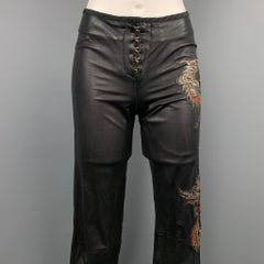 ROBERTO CAVALLI Spring 2003 Size S Black & Red Dragon Embroidered Leather Pants