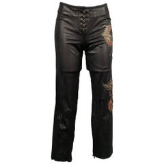 ROBERTO CAVALLI Spring 2003 Size S Black & Red Dragon Embroidered Leather Pants