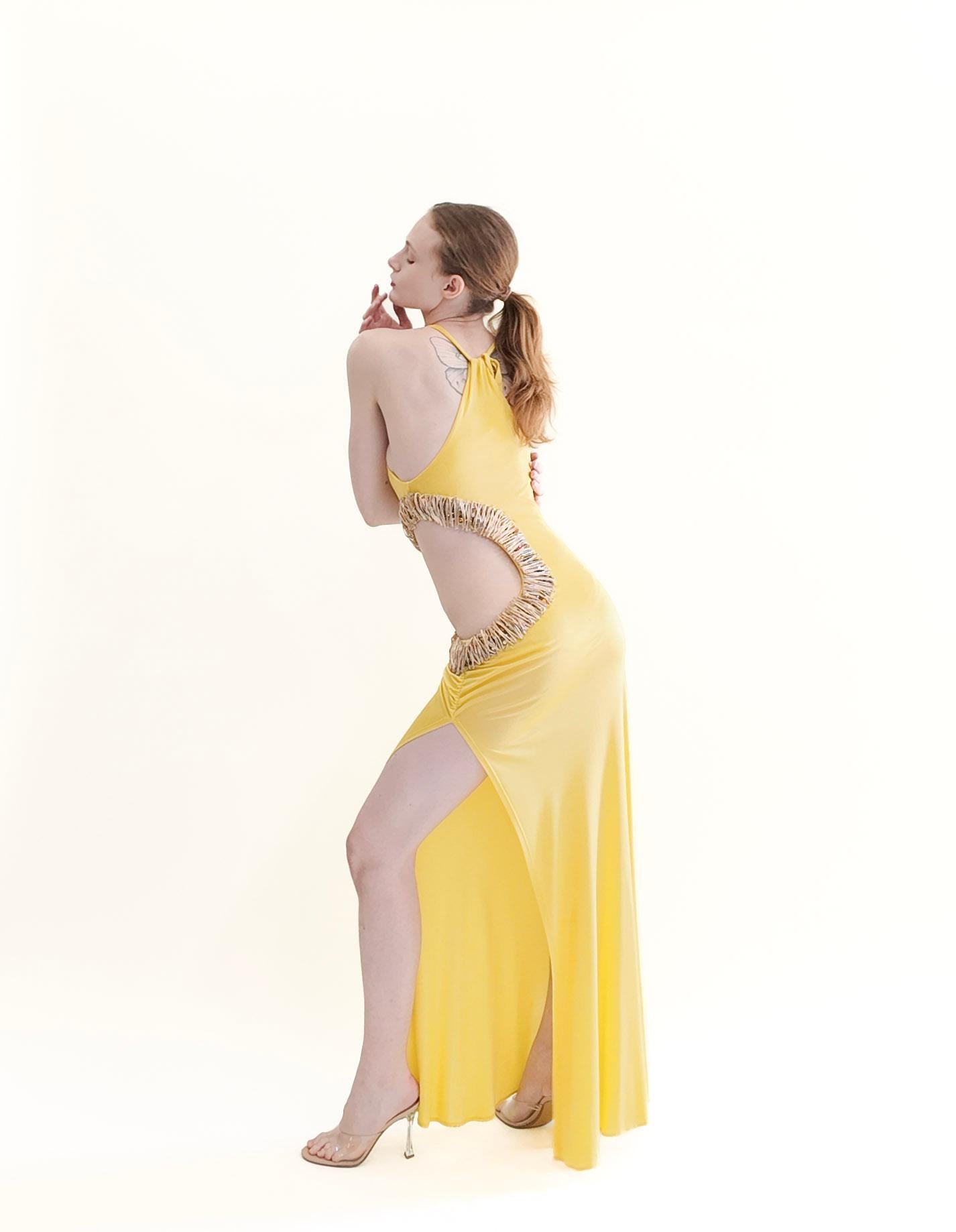 Women's Roberto Cavalli Spring 2005 Documented Runway Yellow Cut Out Gown For Sale