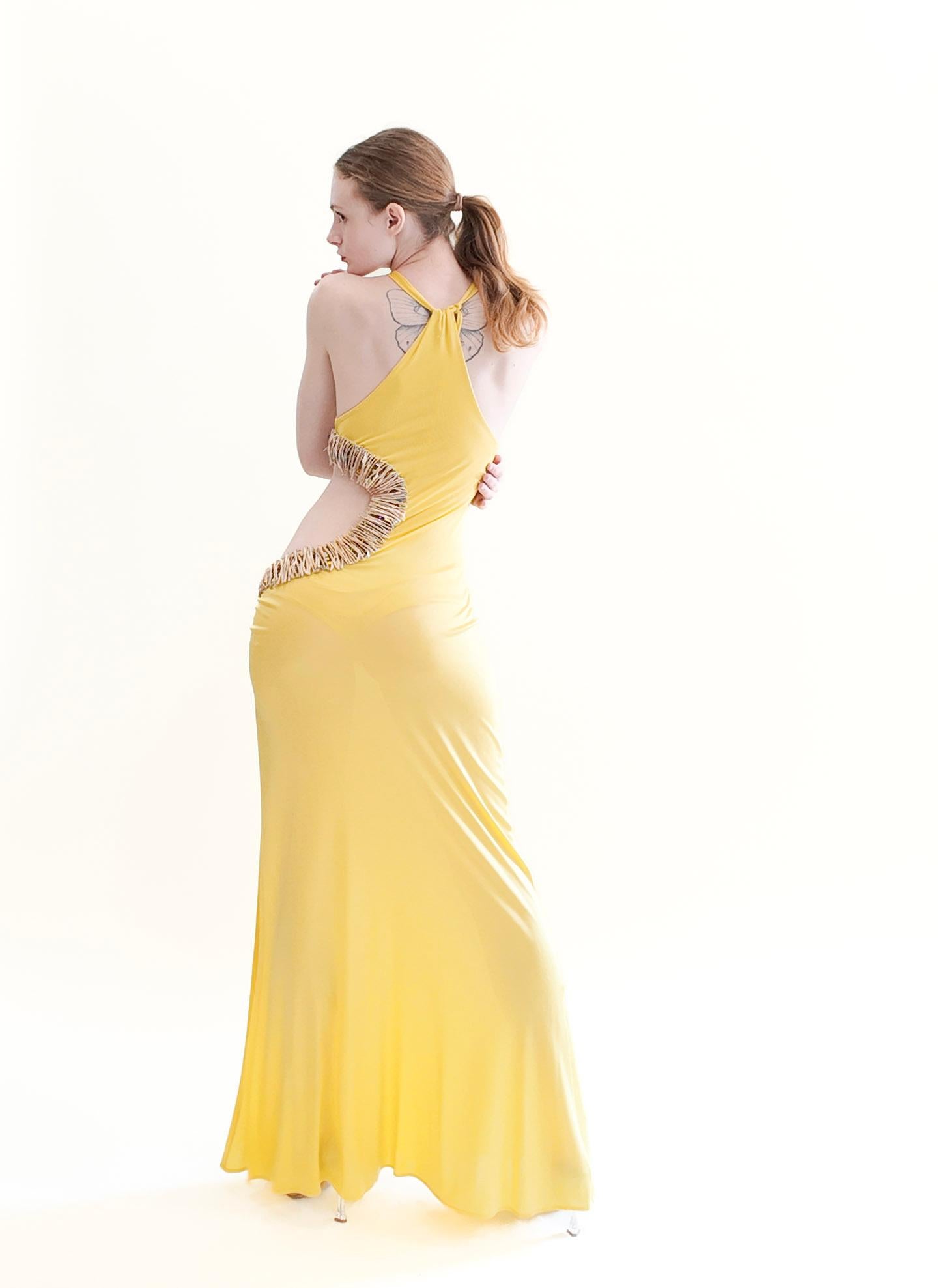 Roberto Cavalli Spring 2005 Documented Runway Yellow Cut Out Gown For Sale 1