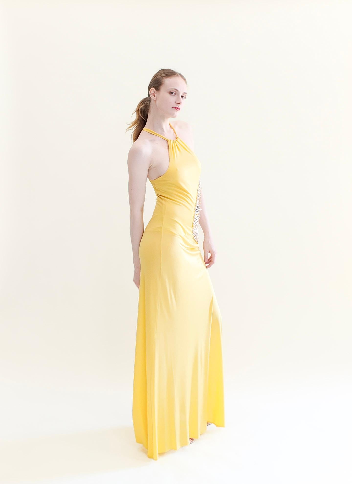 Roberto Cavalli Spring 2005 Documented Runway Yellow Cut Out Gown For Sale 2