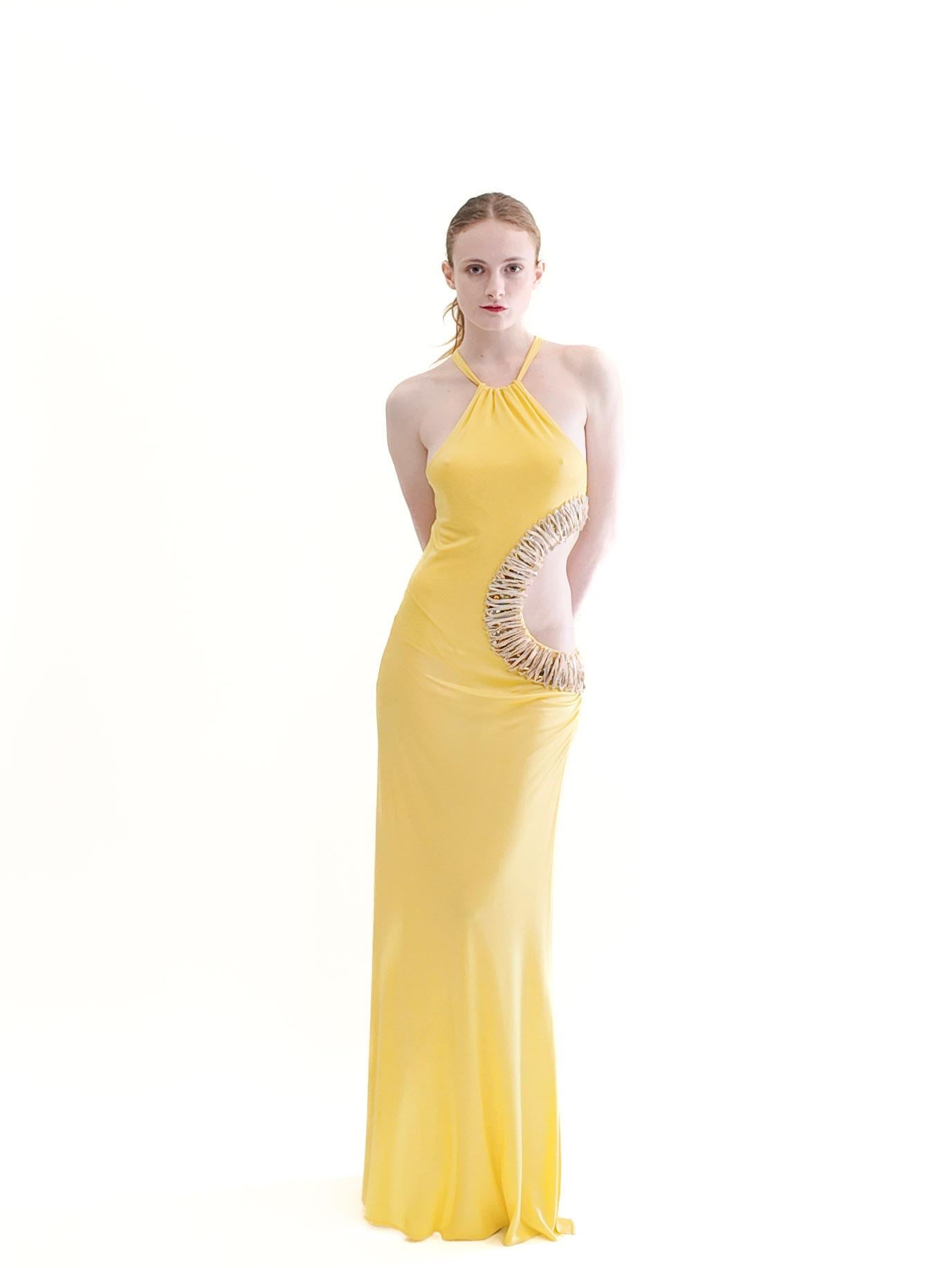 Roberto Cavalli Spring 2005 Documented Runway Yellow Cut Out Gown For Sale 3